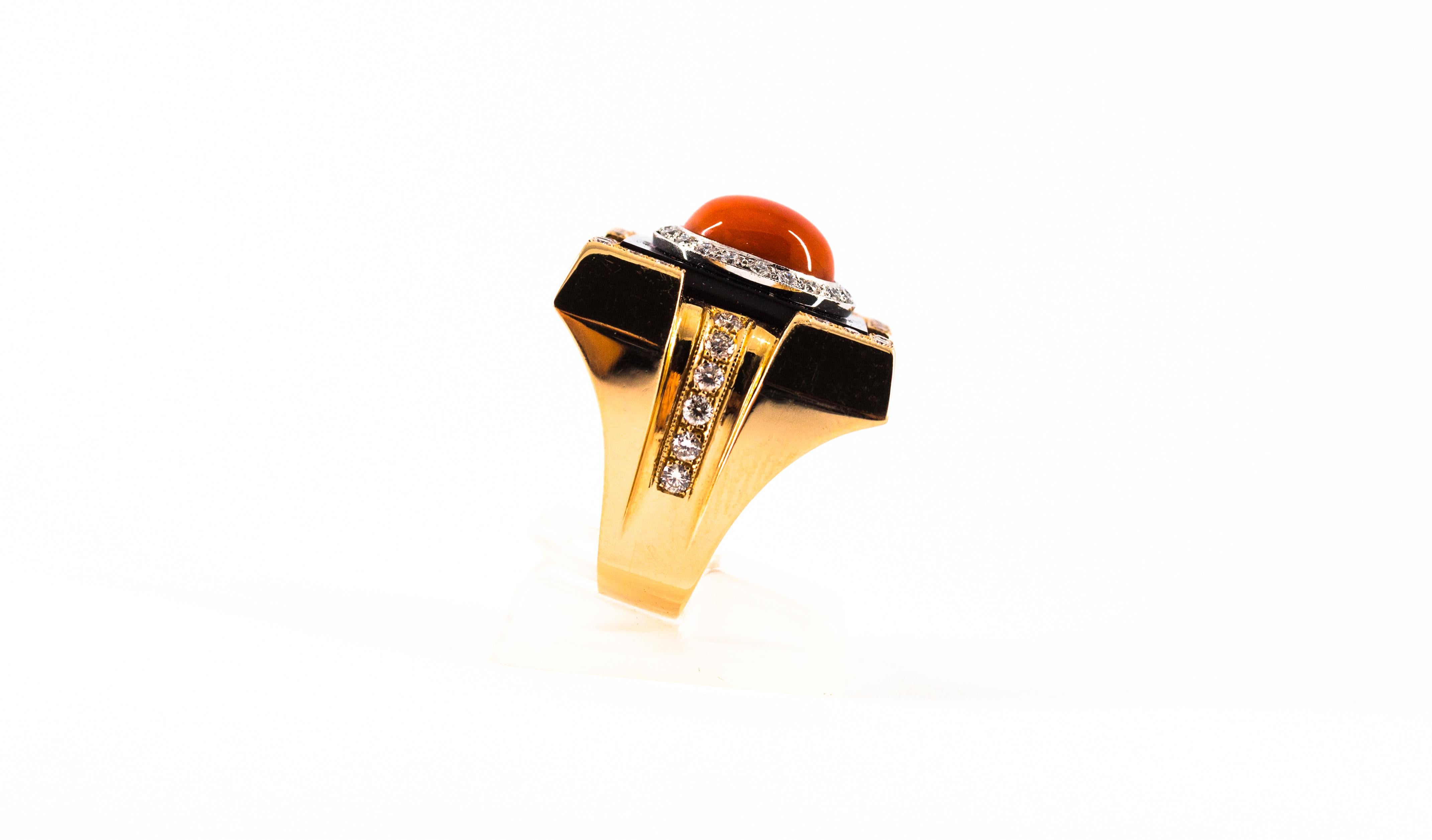 Women's or Men's Art Deco Style Diamond Mediterranean Red Coral Onyx Yellow Gold Cocktail Ring