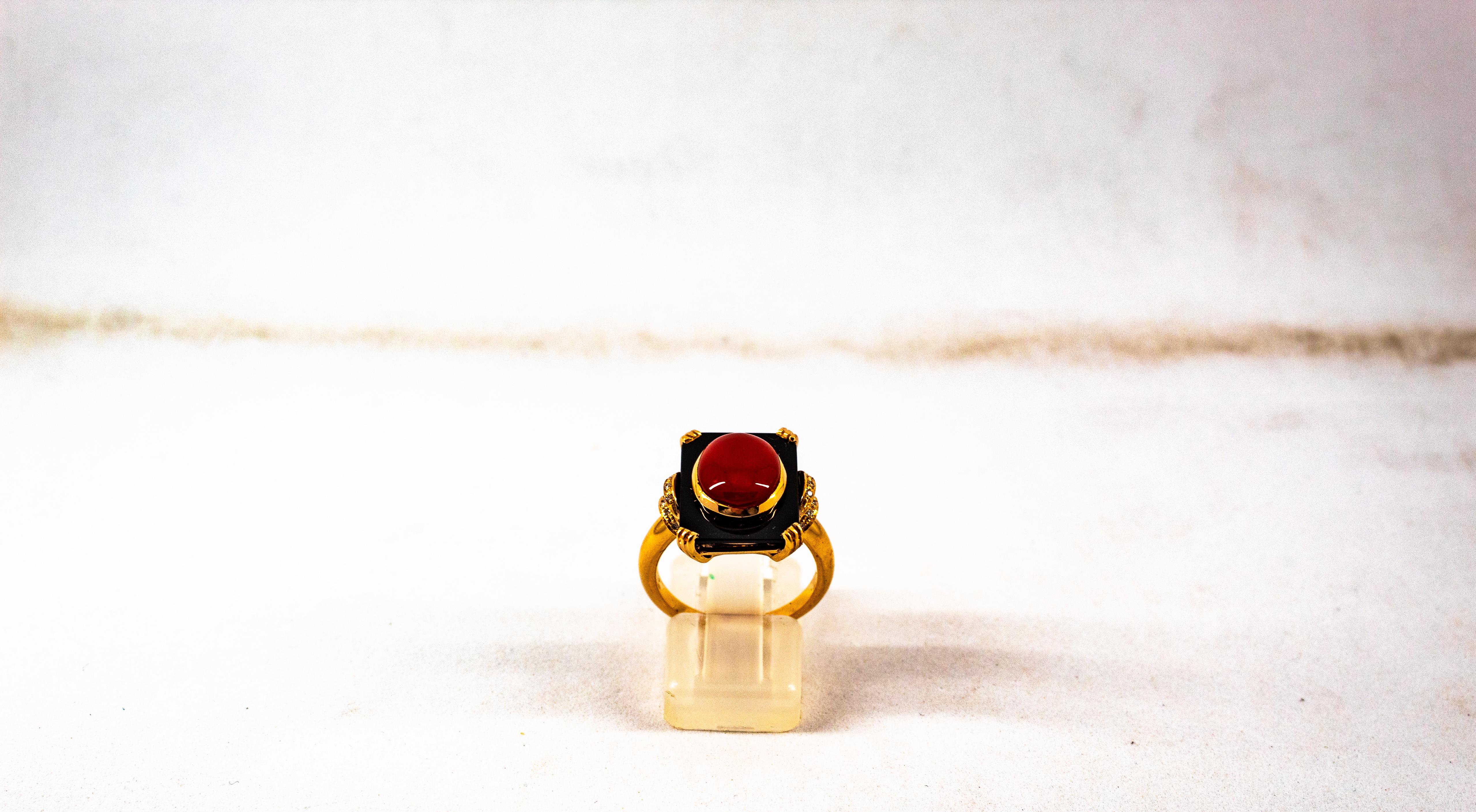 Art Deco White Diamond Mediterranean Red Coral Onyx Yellow Gold Cocktail Ring For Sale 1