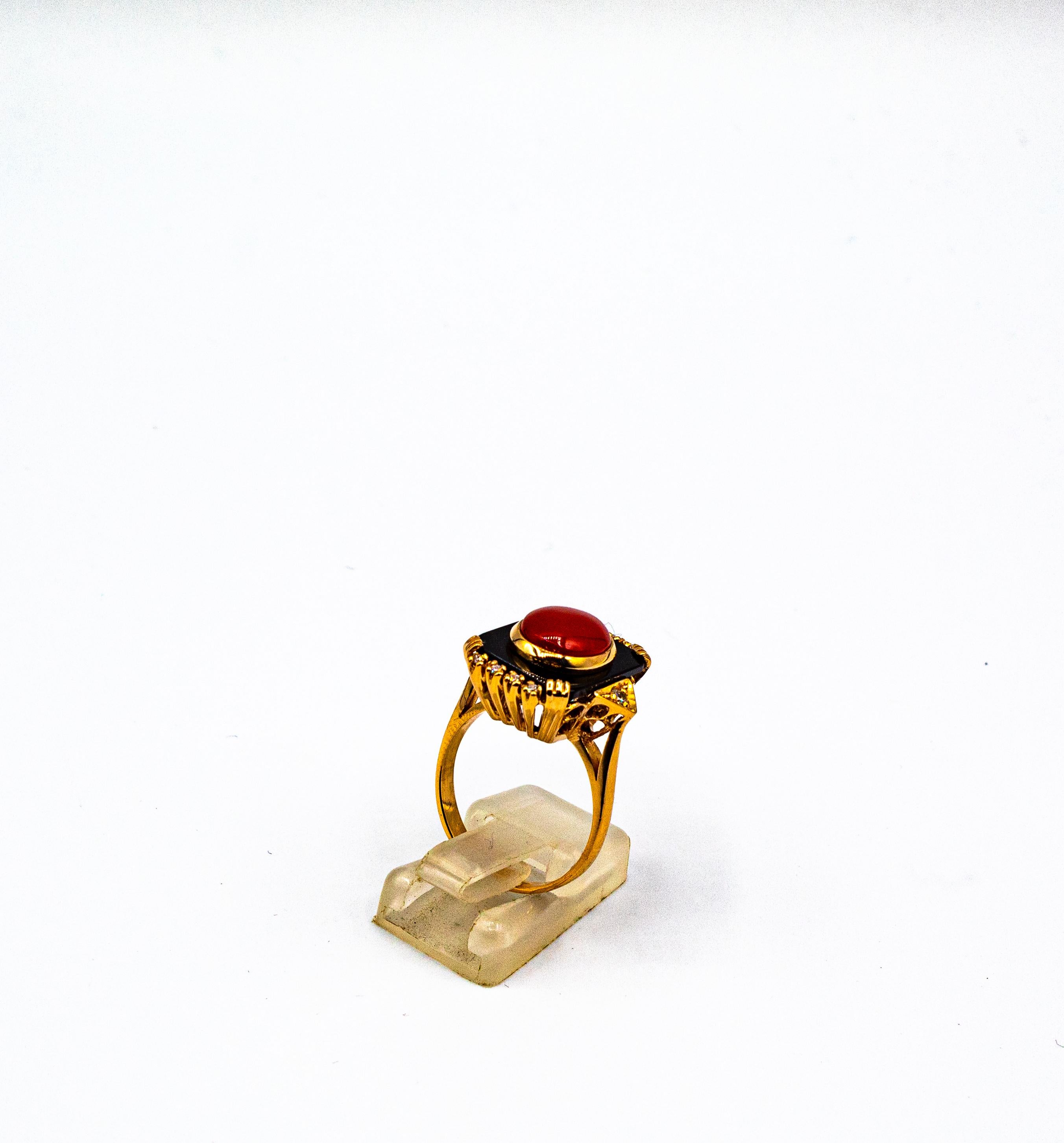 Art Deco Style Diamond Mediterranean Red Coral Onyx Yellow Gold Cocktail Ring For Sale 2