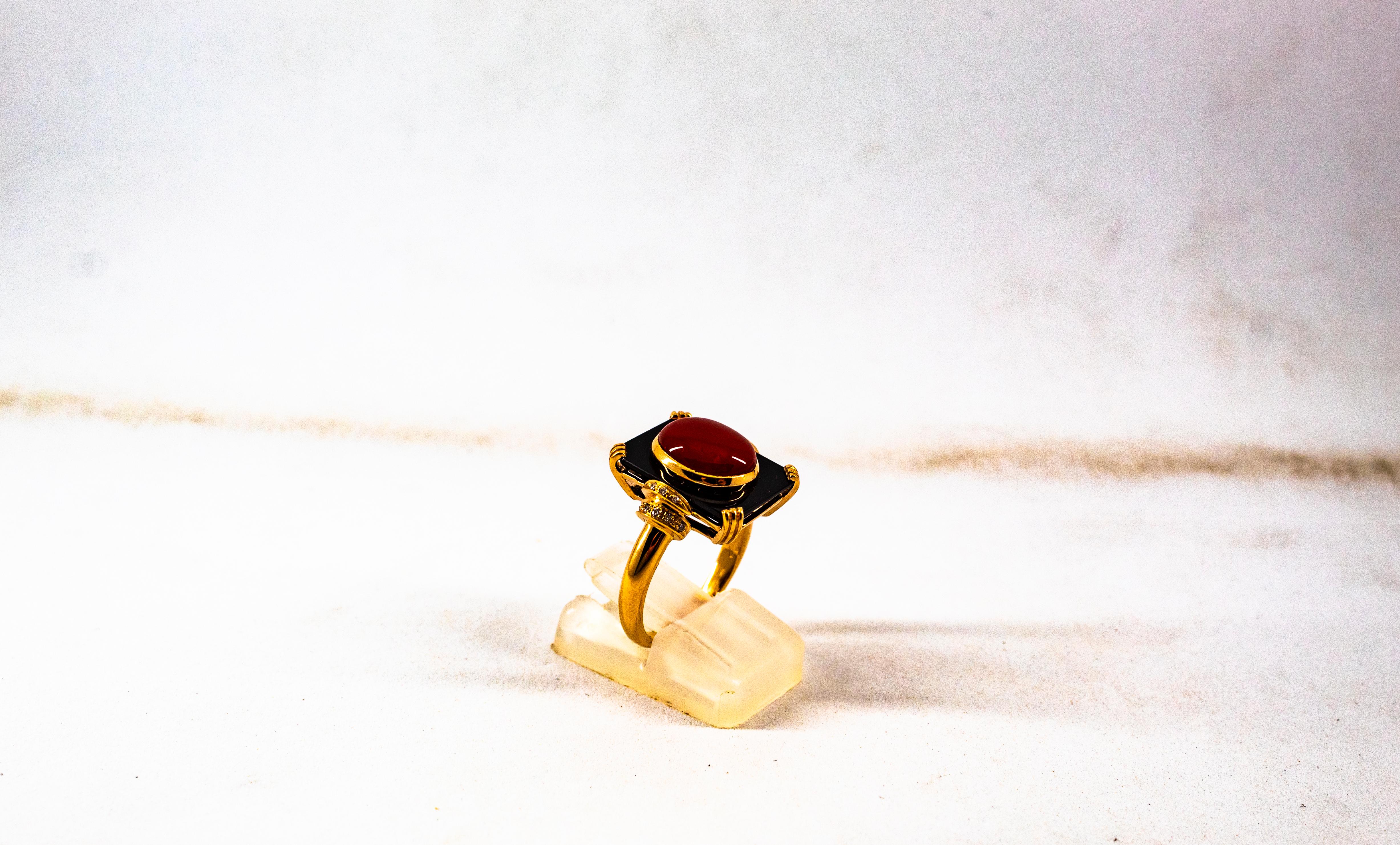 Art Deco White Diamond Mediterranean Red Coral Onyx Yellow Gold Cocktail Ring For Sale 2