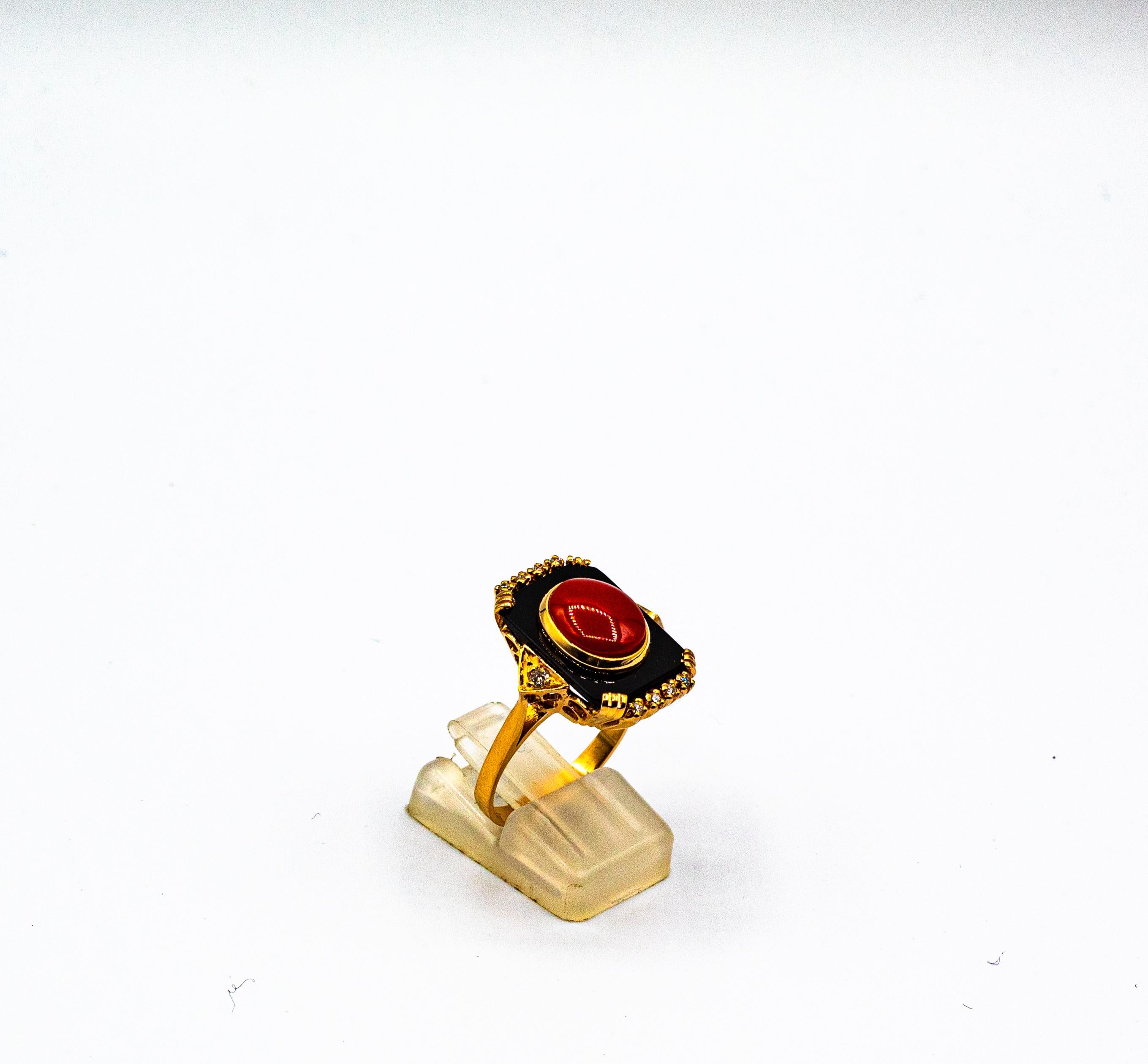 Art Deco Style Diamond Mediterranean Red Coral Onyx Yellow Gold Cocktail Ring For Sale 3