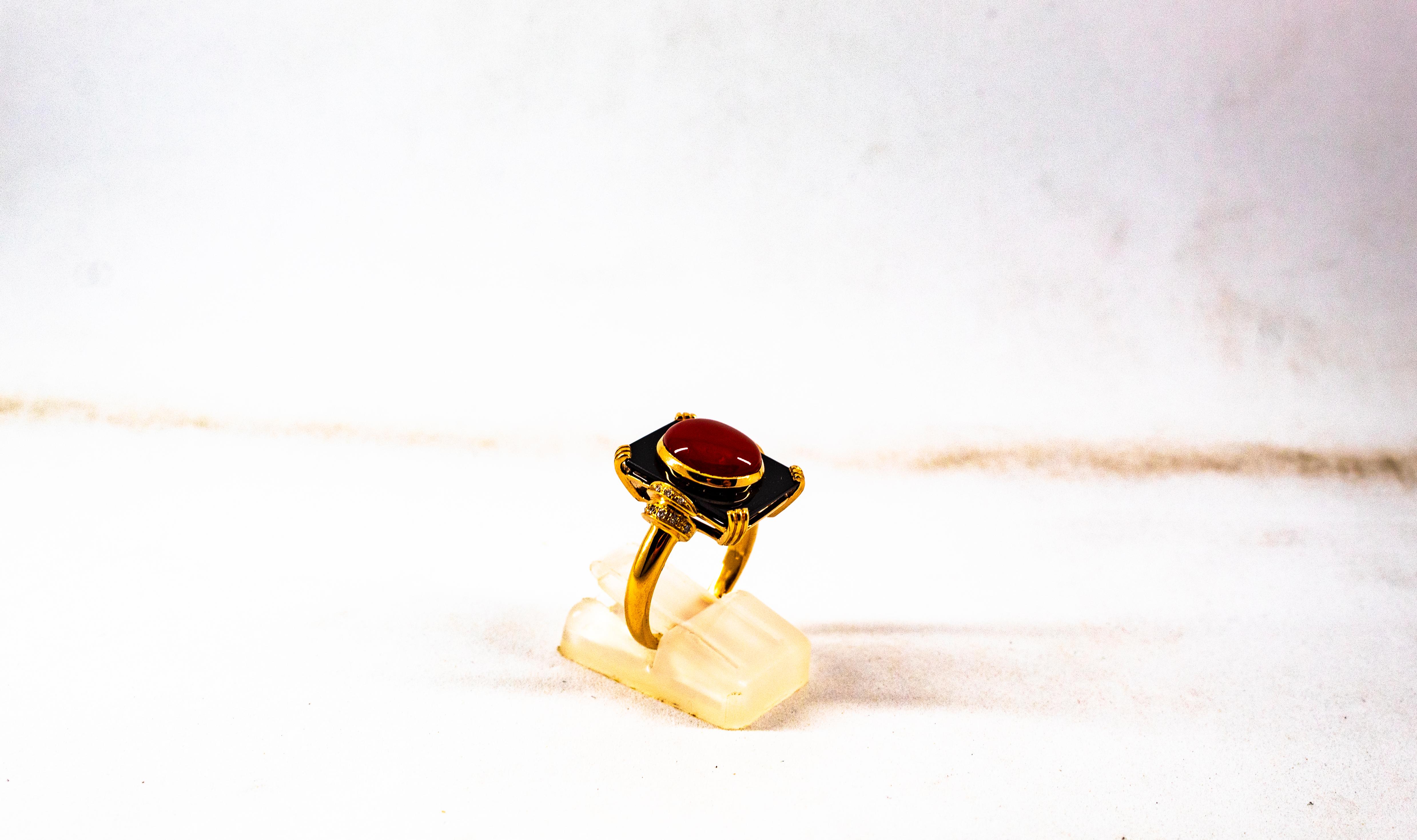 Art Deco White Diamond Mediterranean Red Coral Onyx Yellow Gold Cocktail Ring For Sale 3
