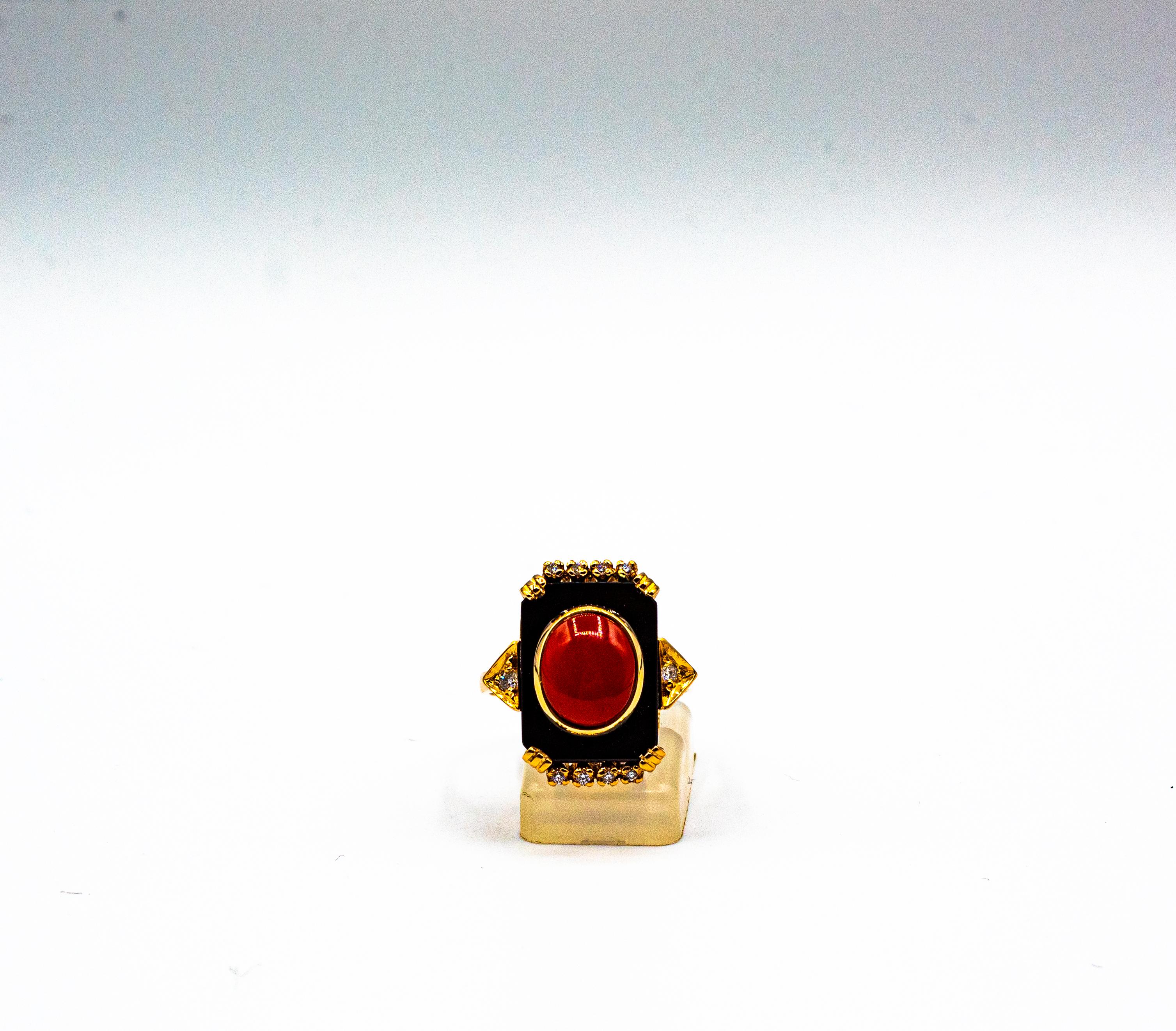 Art Deco Style Diamond Mediterranean Red Coral Onyx Yellow Gold Cocktail Ring For Sale 4