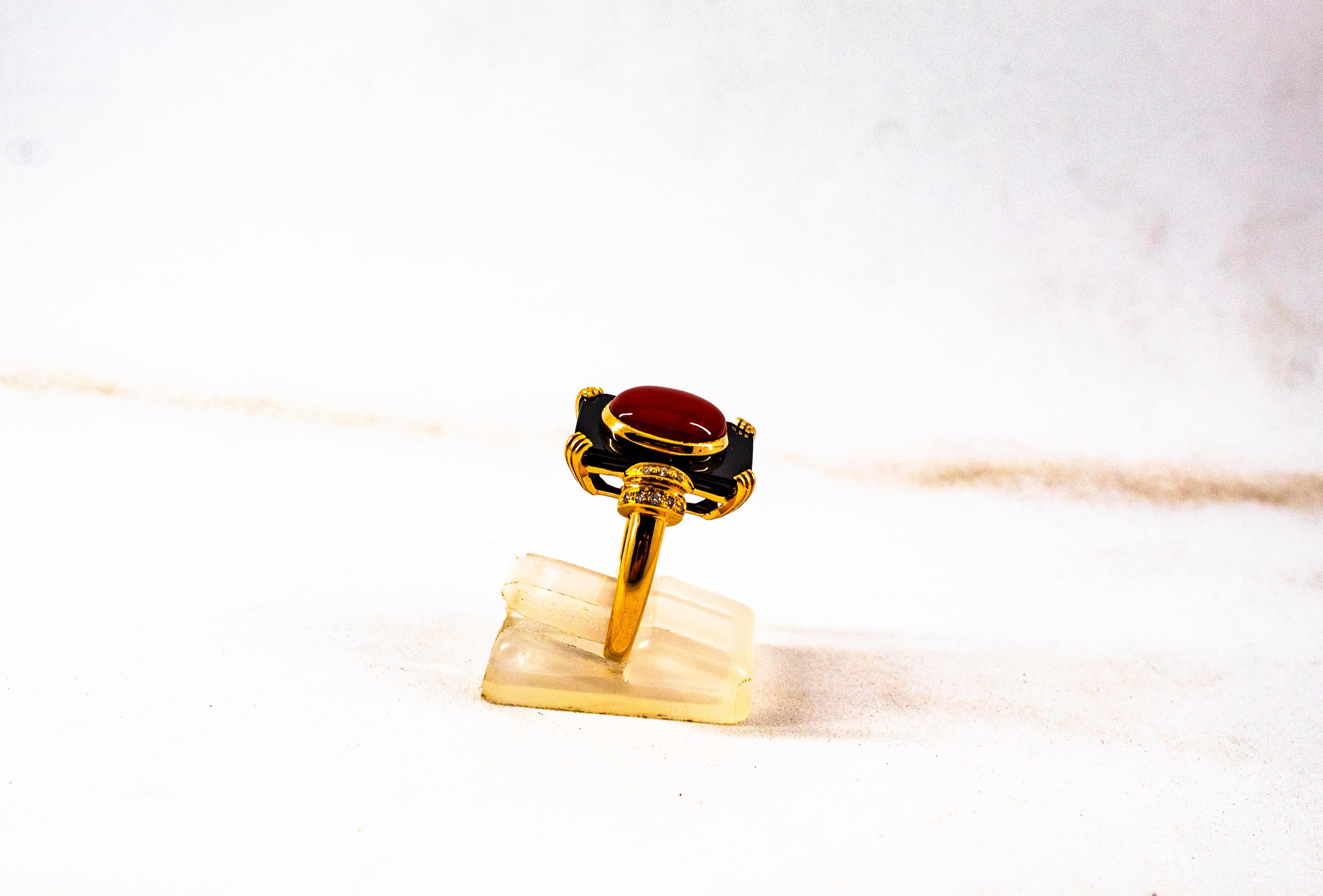 Art Deco White Diamond Mediterranean Red Coral Onyx Yellow Gold Cocktail Ring For Sale 4