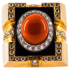 Art Deco White Diamond Mediterranean Red Coral Onyx Yellow Gold Cocktail Ring