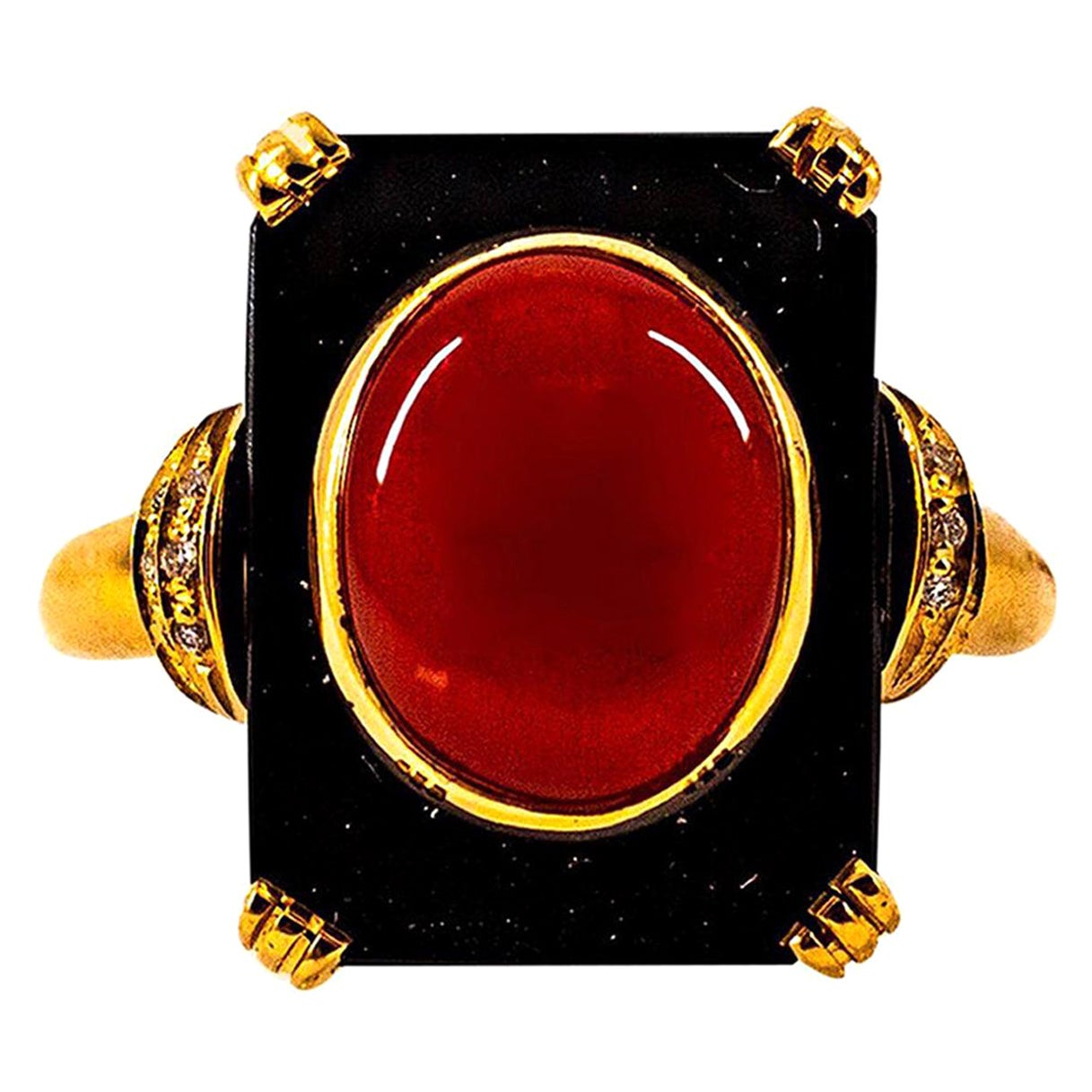 Art Deco White Diamond Mediterranean Red Coral Onyx Yellow Gold Cocktail Ring For Sale