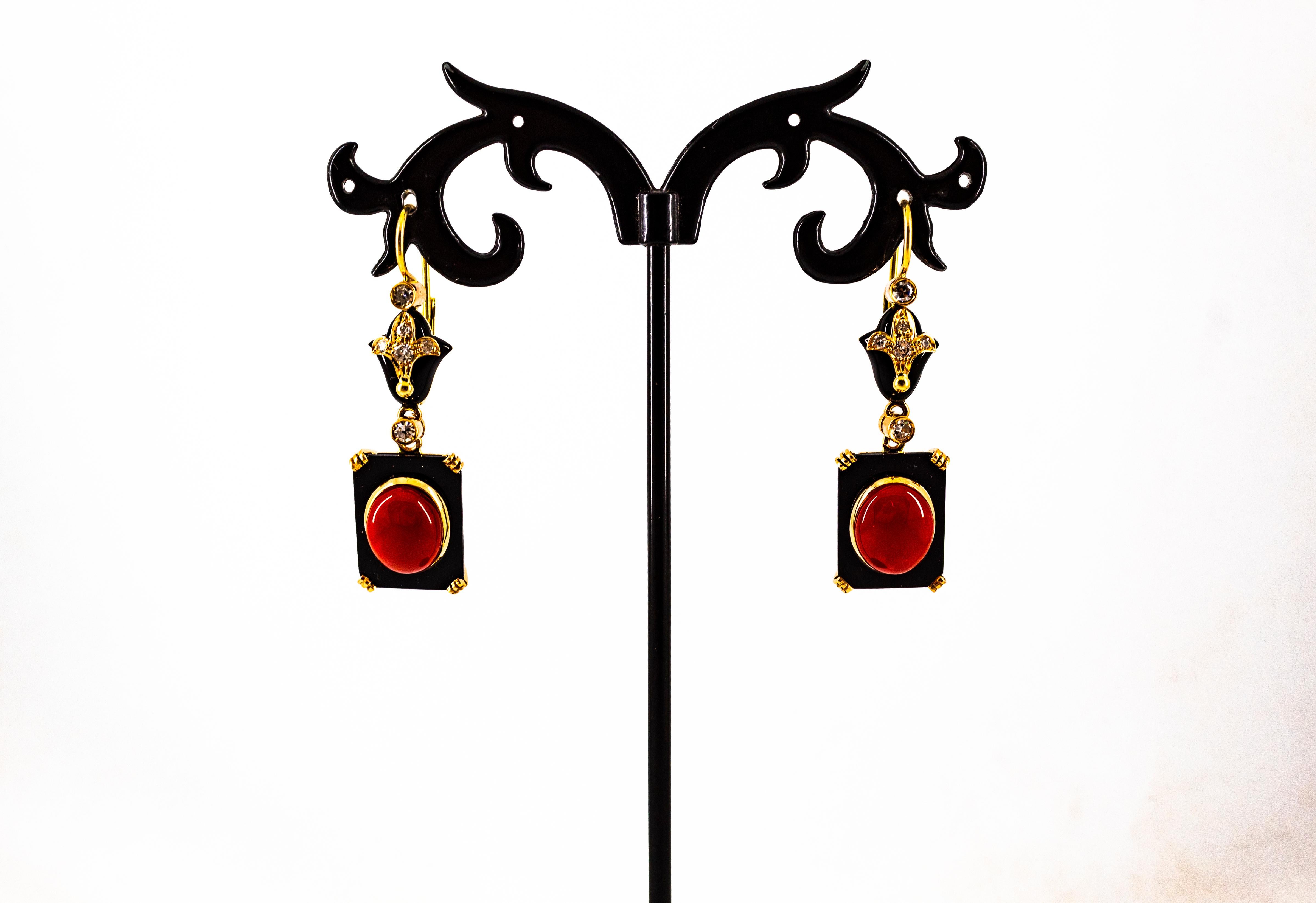 Art Deco White Diamond Mediterranean Red Coral Onyx Yellow Gold Drop Earrings For Sale 4