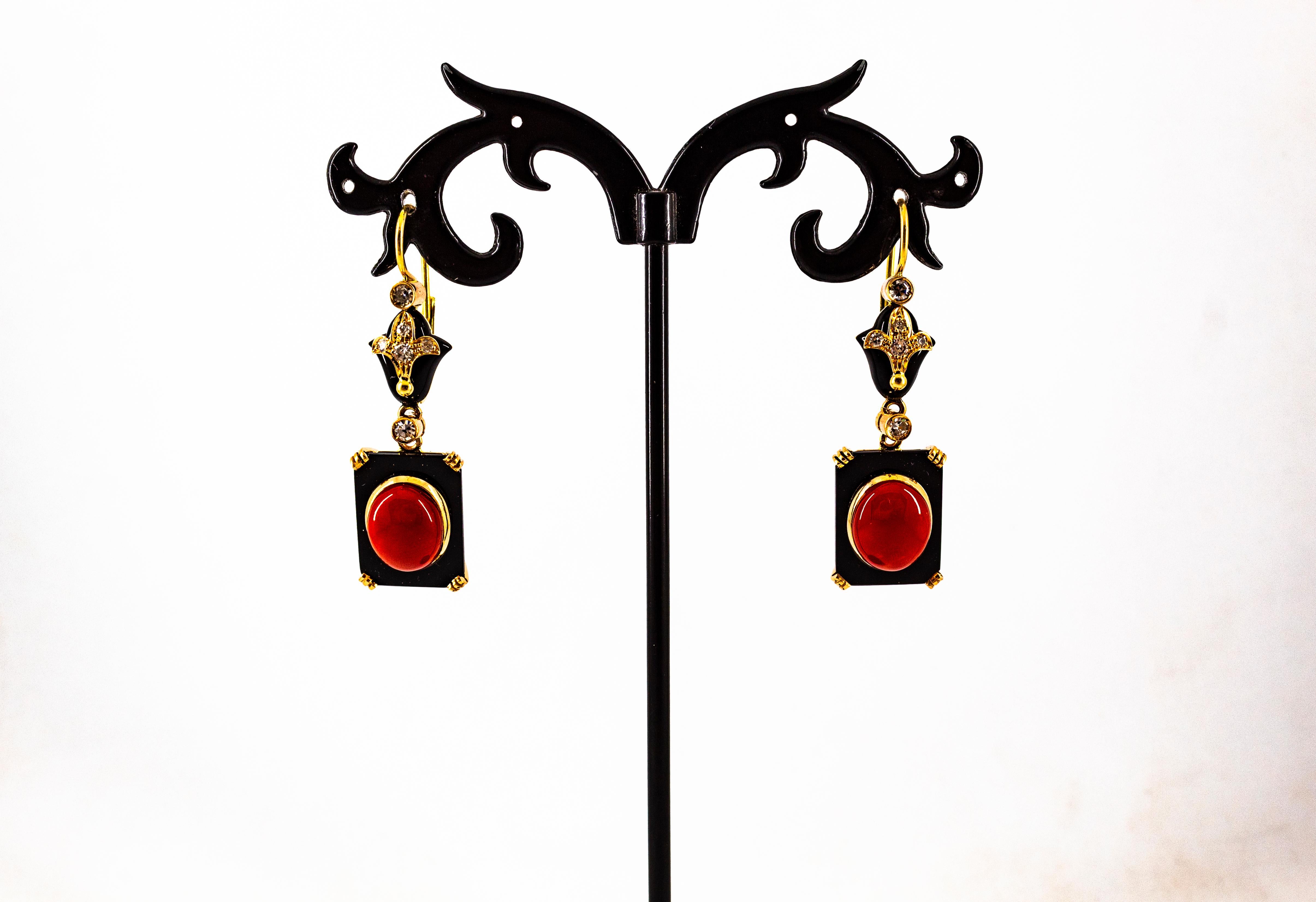 Art Deco White Diamond Mediterranean Red Coral Onyx Yellow Gold Drop Earrings For Sale 5