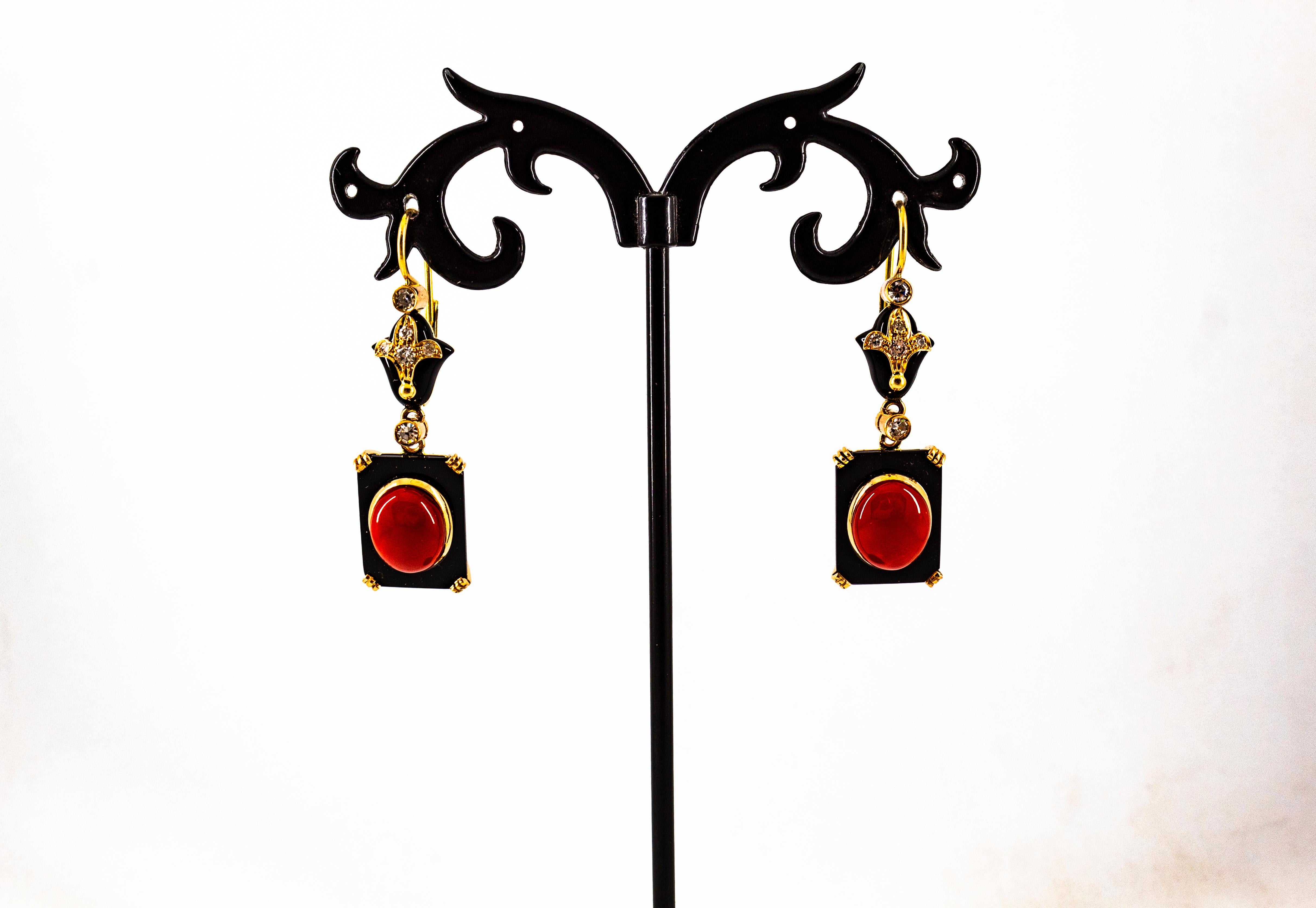 Art Deco White Diamond Mediterranean Red Coral Onyx Yellow Gold Drop Earrings For Sale 6