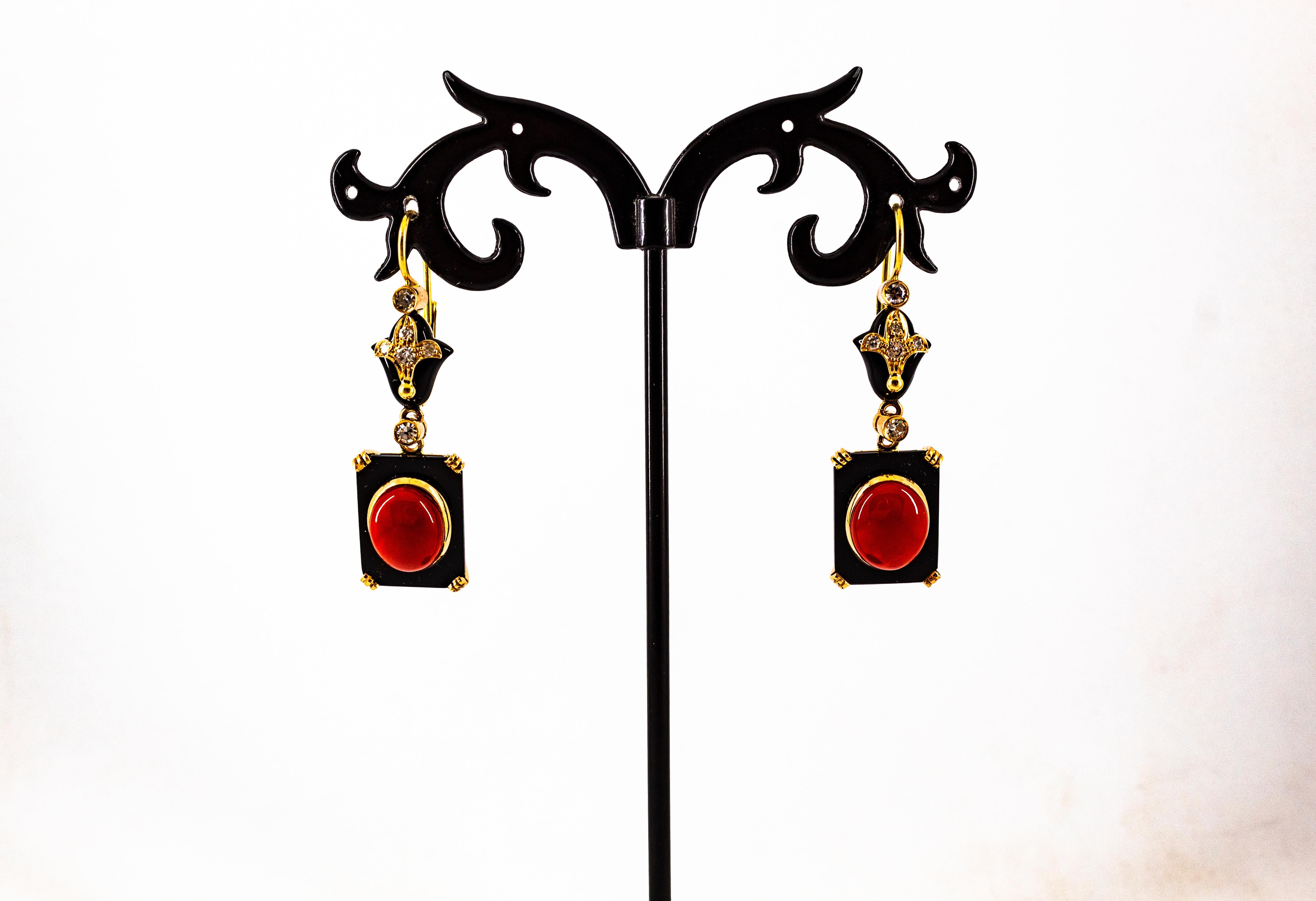 Art Deco White Diamond Mediterranean Red Coral Onyx Yellow Gold Drop Earrings For Sale 7