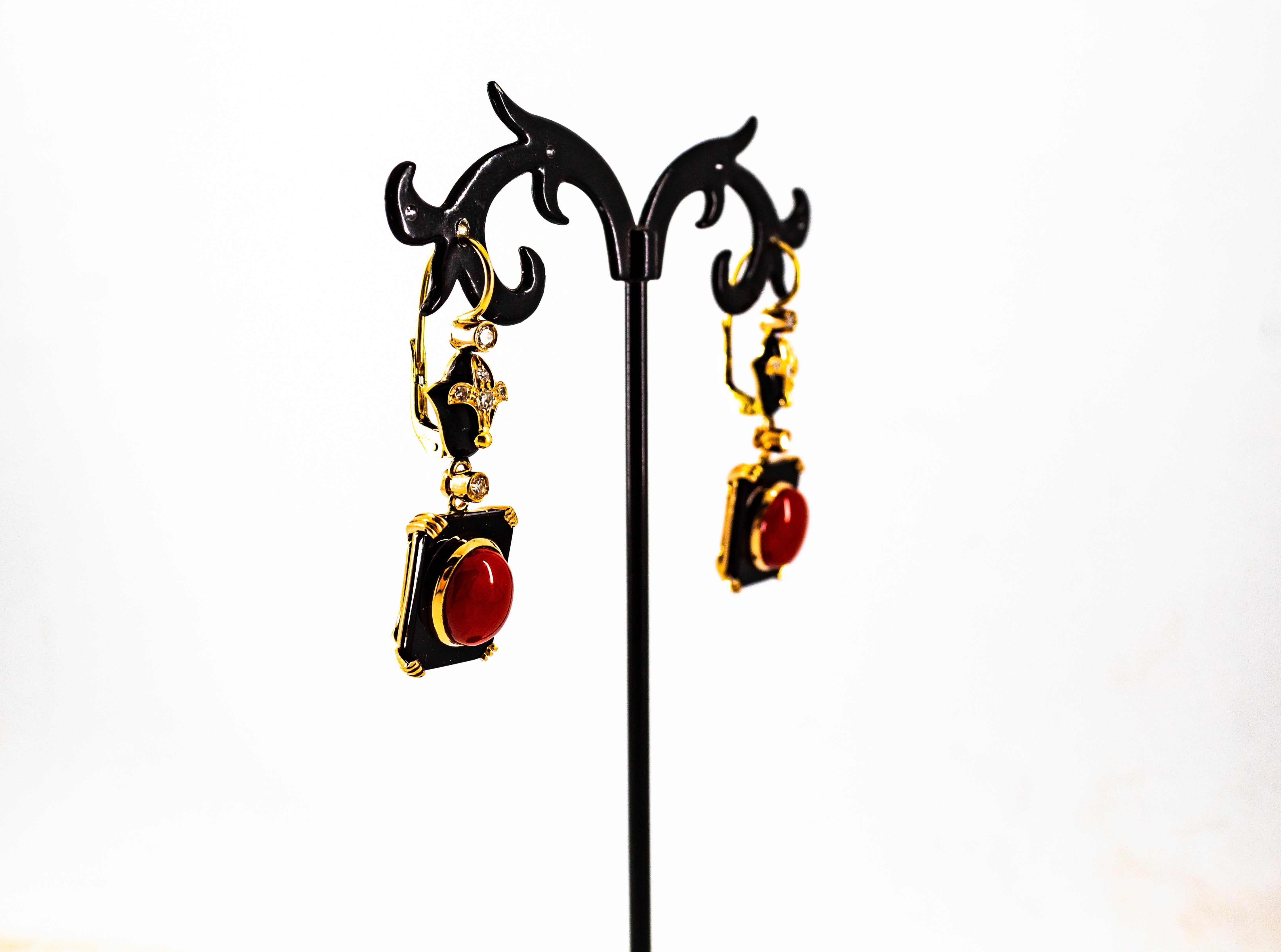 Art Deco White Diamond Mediterranean Red Coral Onyx Yellow Gold Drop Earrings For Sale 8