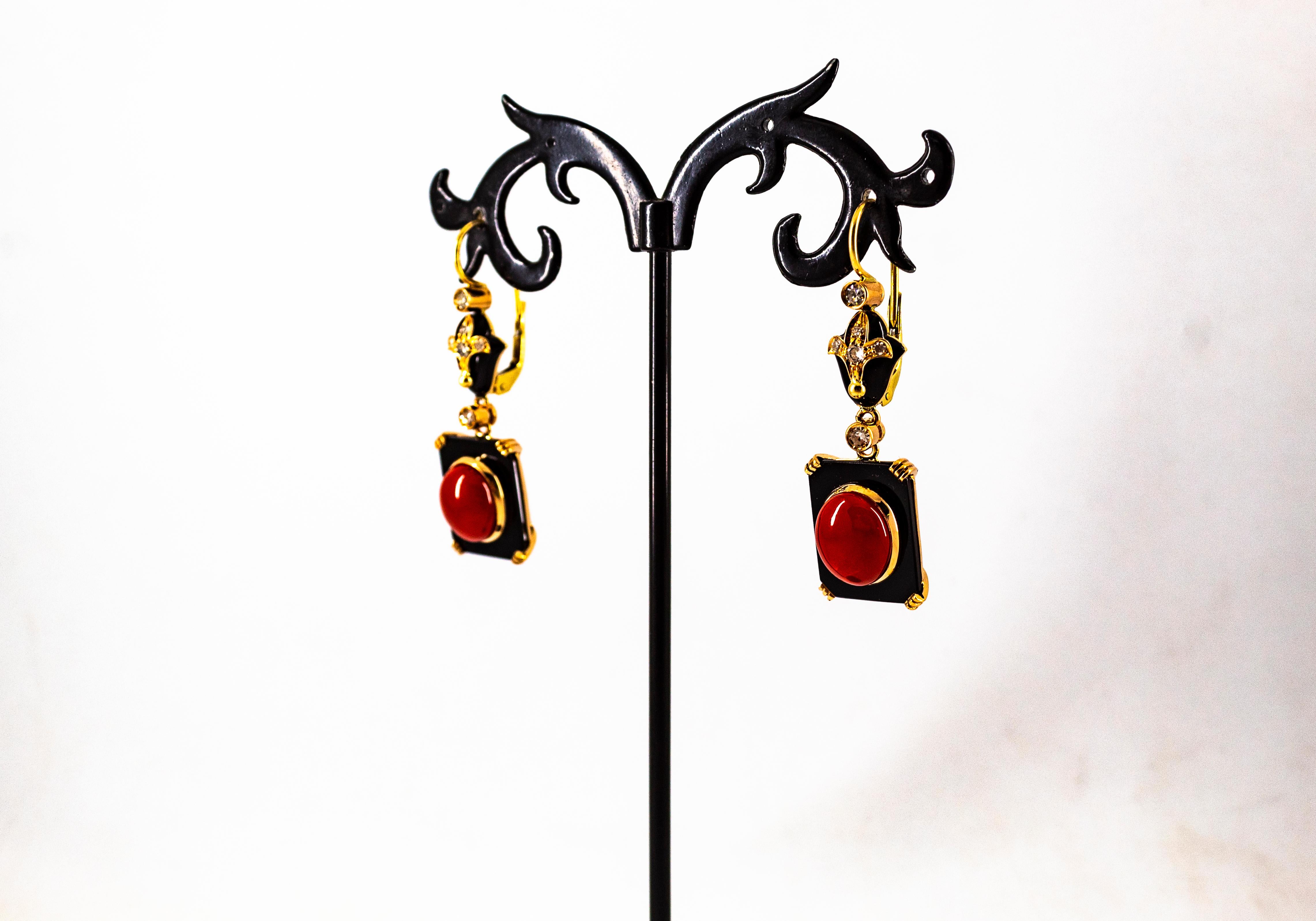 Art Deco White Diamond Mediterranean Red Coral Onyx Yellow Gold Drop Earrings 11