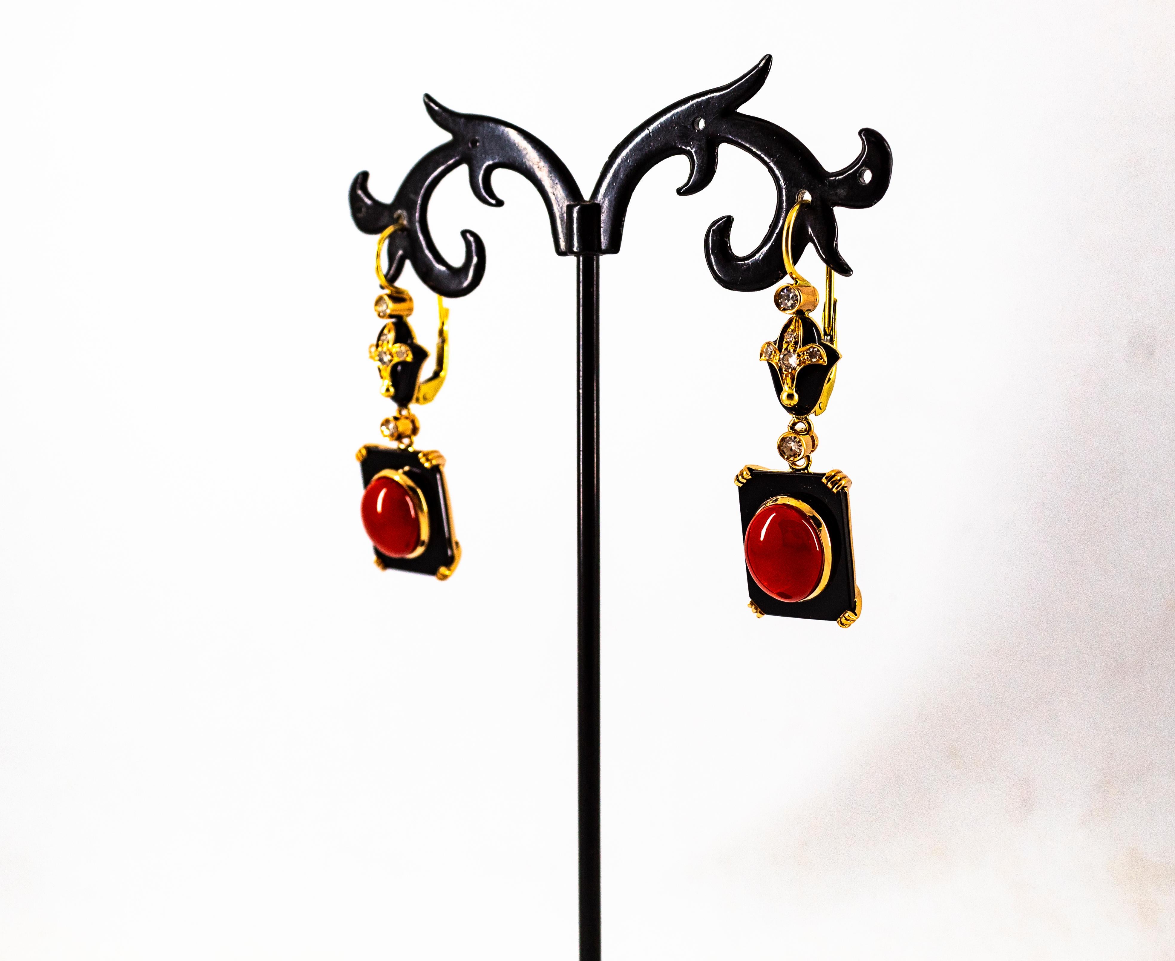 Art Deco White Diamond Mediterranean Red Coral Onyx Yellow Gold Drop Earrings 12