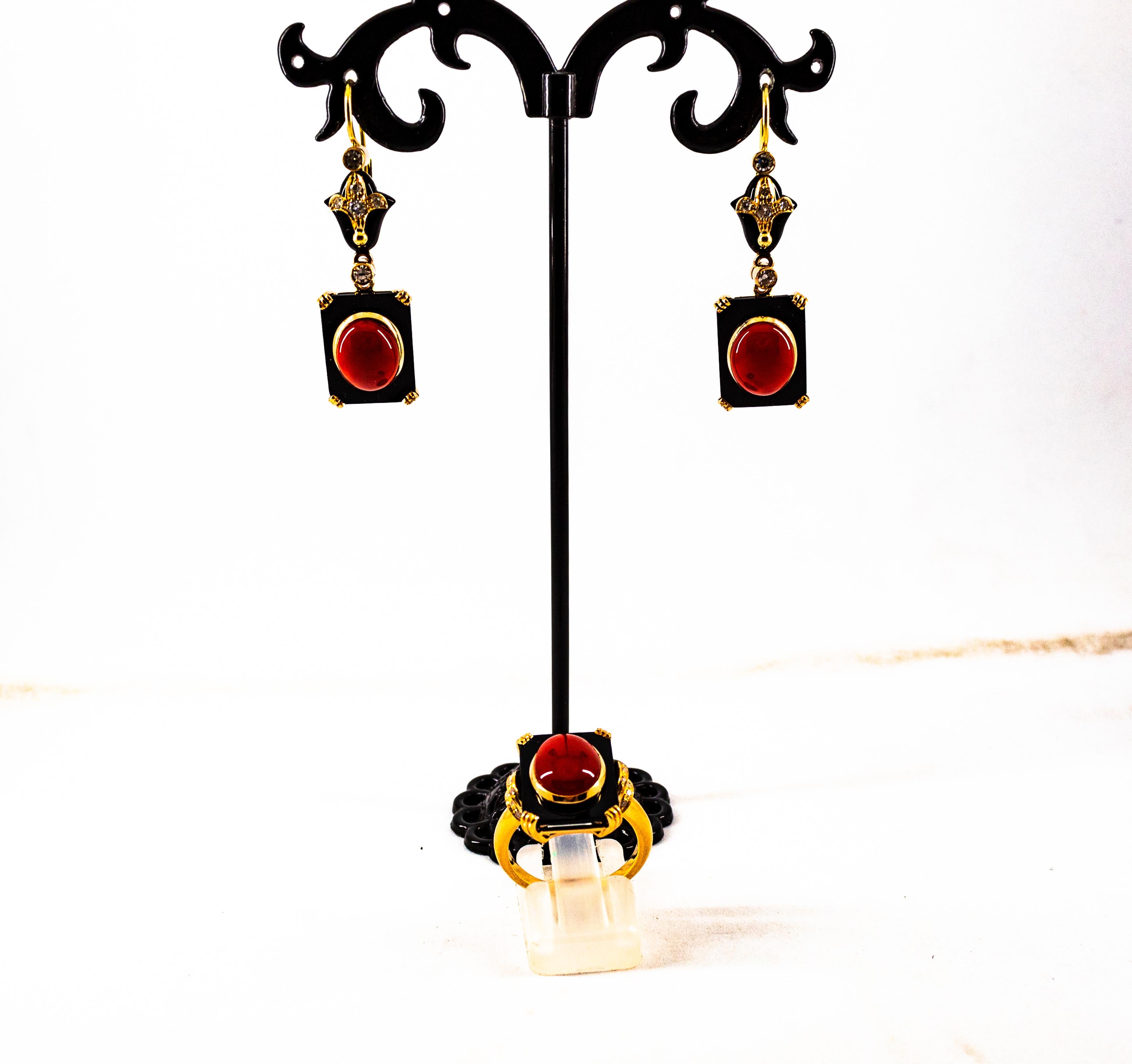 Brilliant Cut Art Deco White Diamond Mediterranean Red Coral Onyx Yellow Gold Drop Earrings
