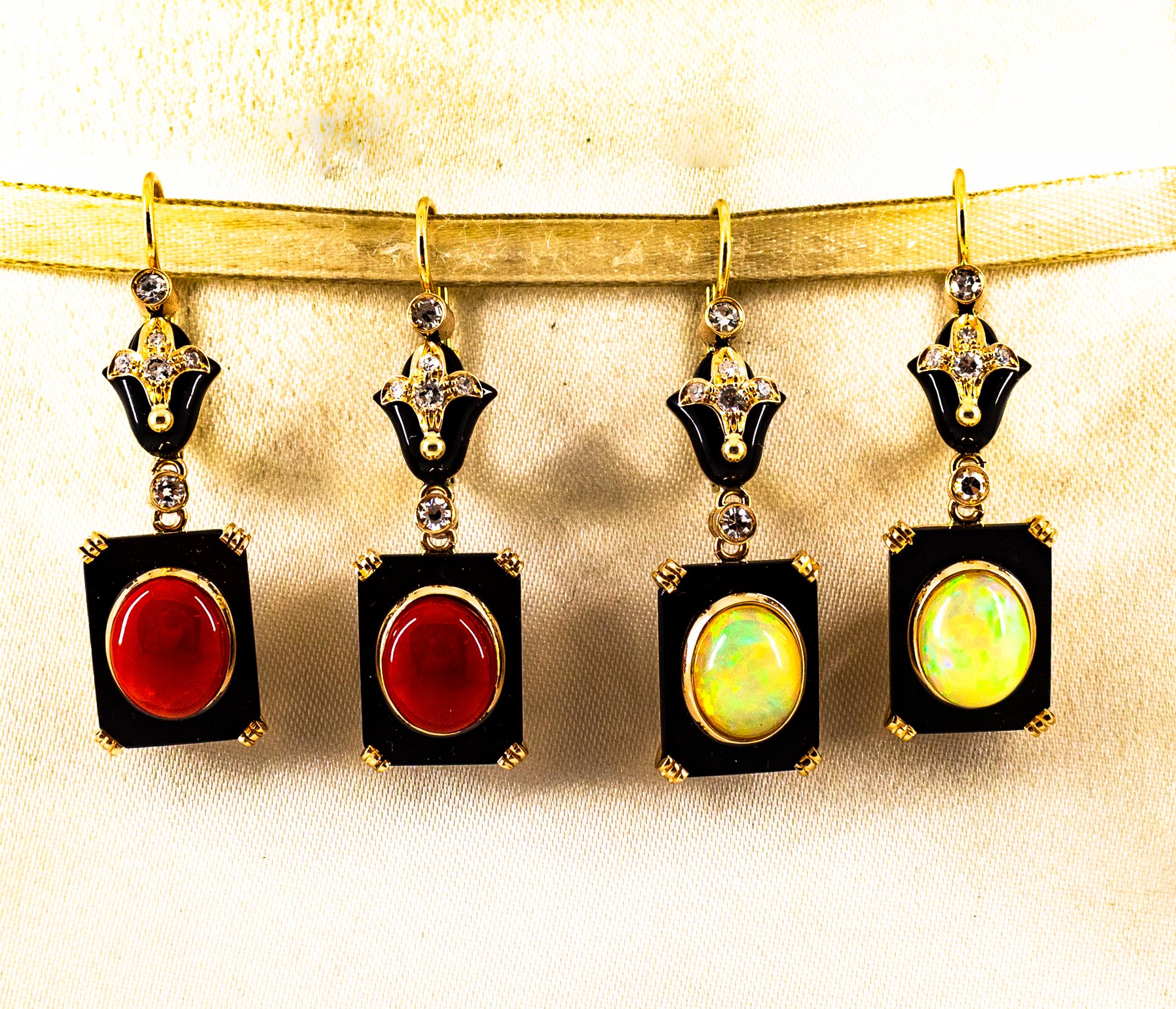 Art Deco White Diamond Mediterranean Red Coral Onyx Yellow Gold Drop Earrings In New Condition In Naples, IT