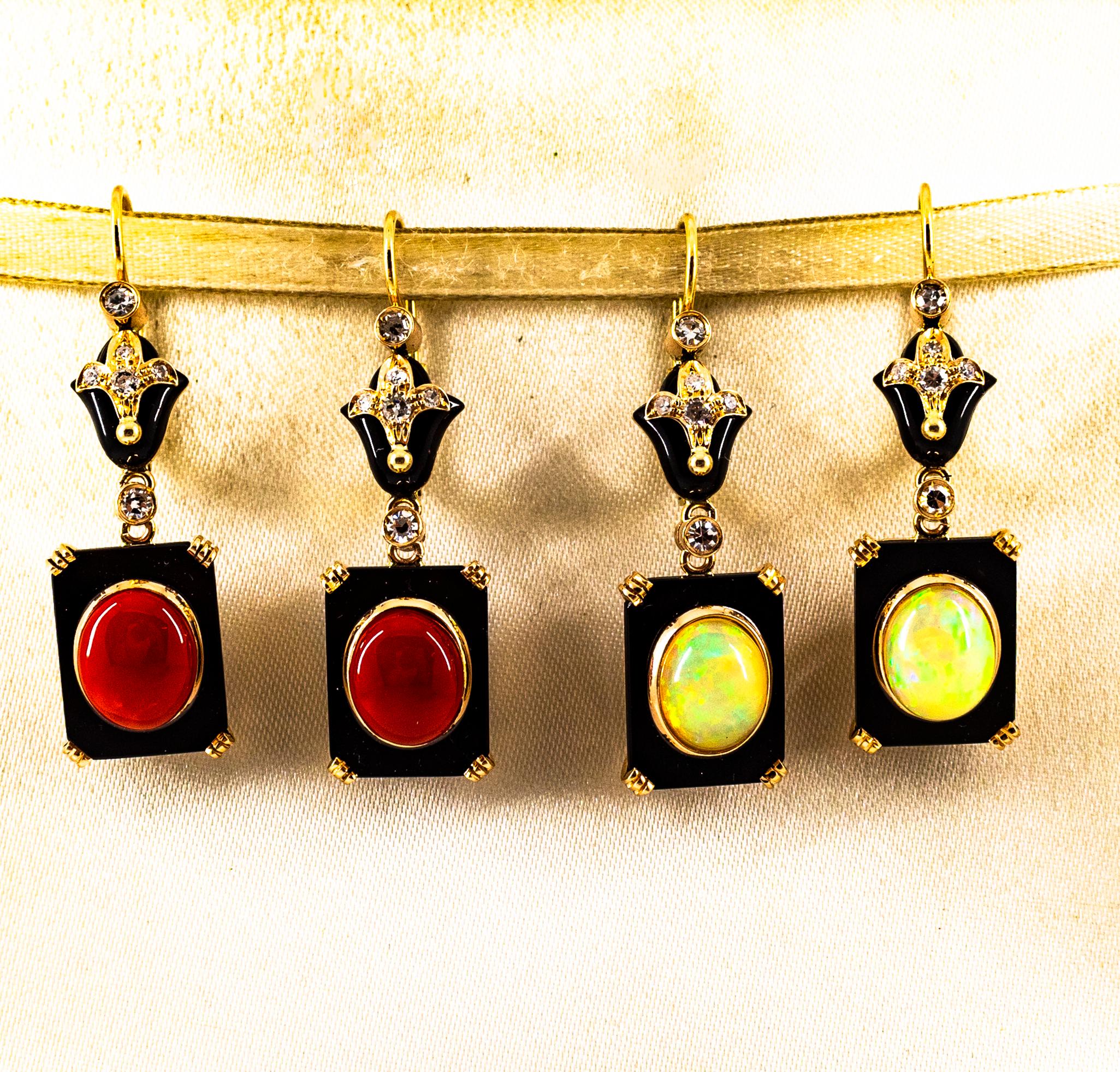 Women's or Men's Art Deco White Diamond Mediterranean Red Coral Onyx Yellow Gold Drop Earrings