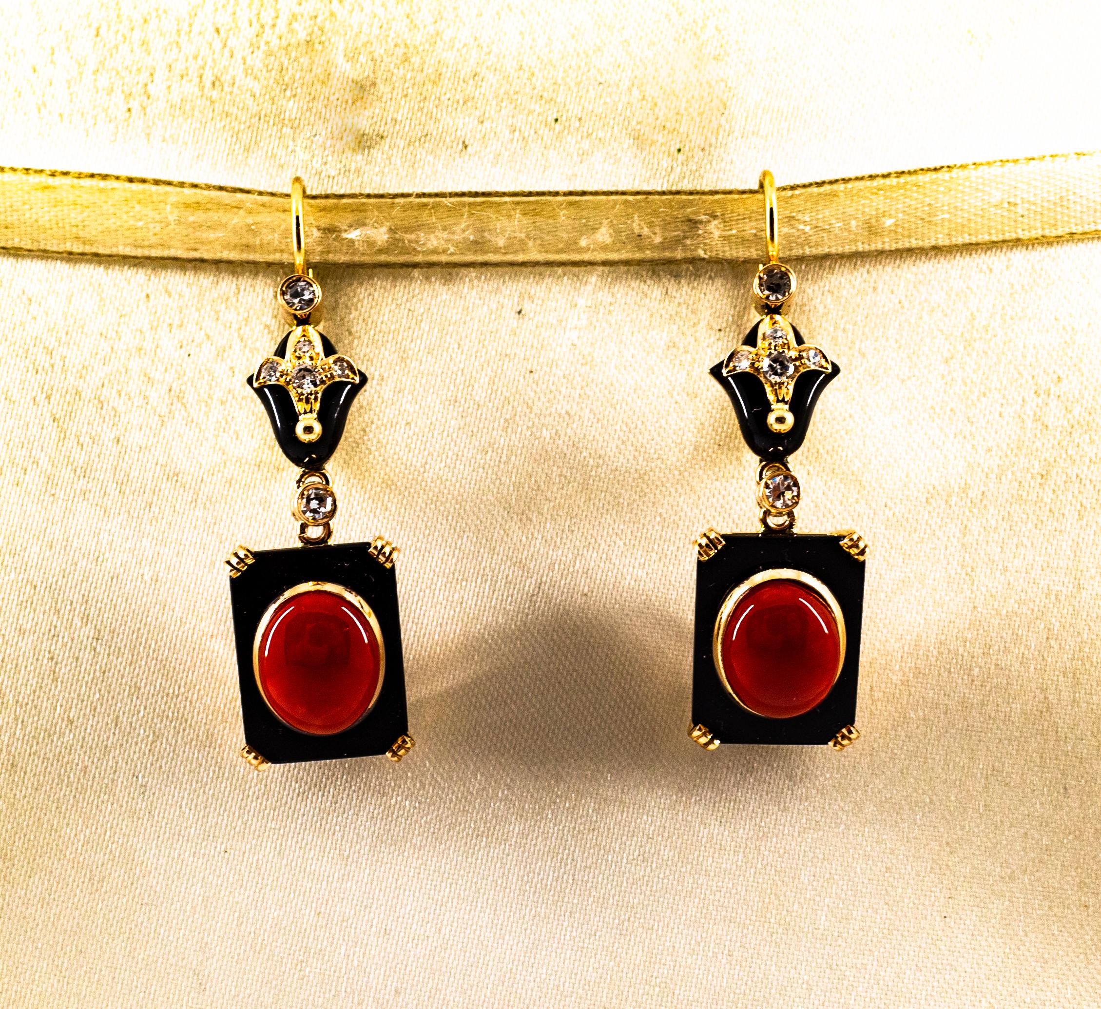 Women's or Men's Art Deco White Diamond Mediterranean Red Coral Onyx Yellow Gold Drop Earrings For Sale