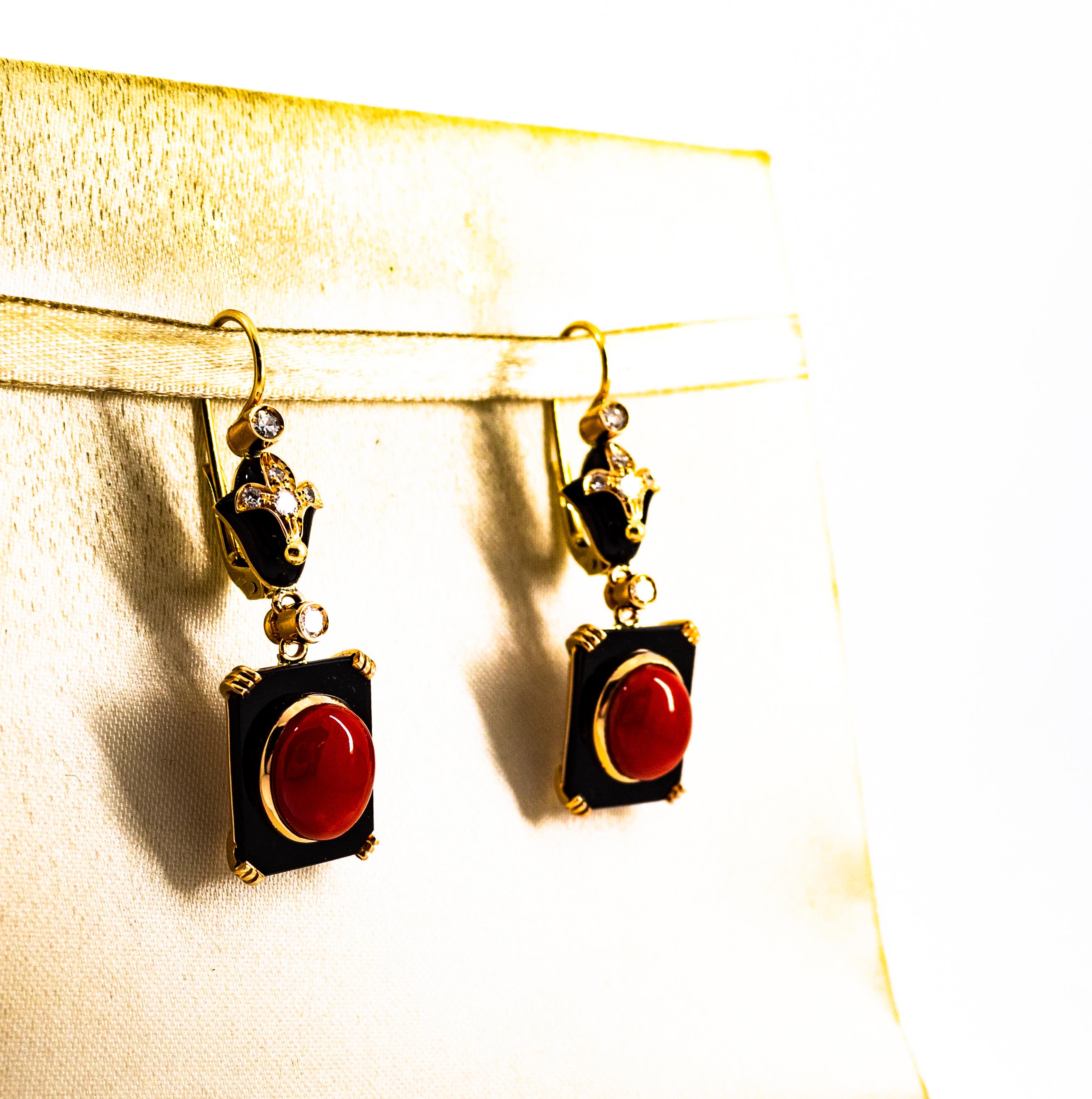 Art Deco White Diamond Mediterranean Red Coral Onyx Yellow Gold Drop Earrings For Sale 1