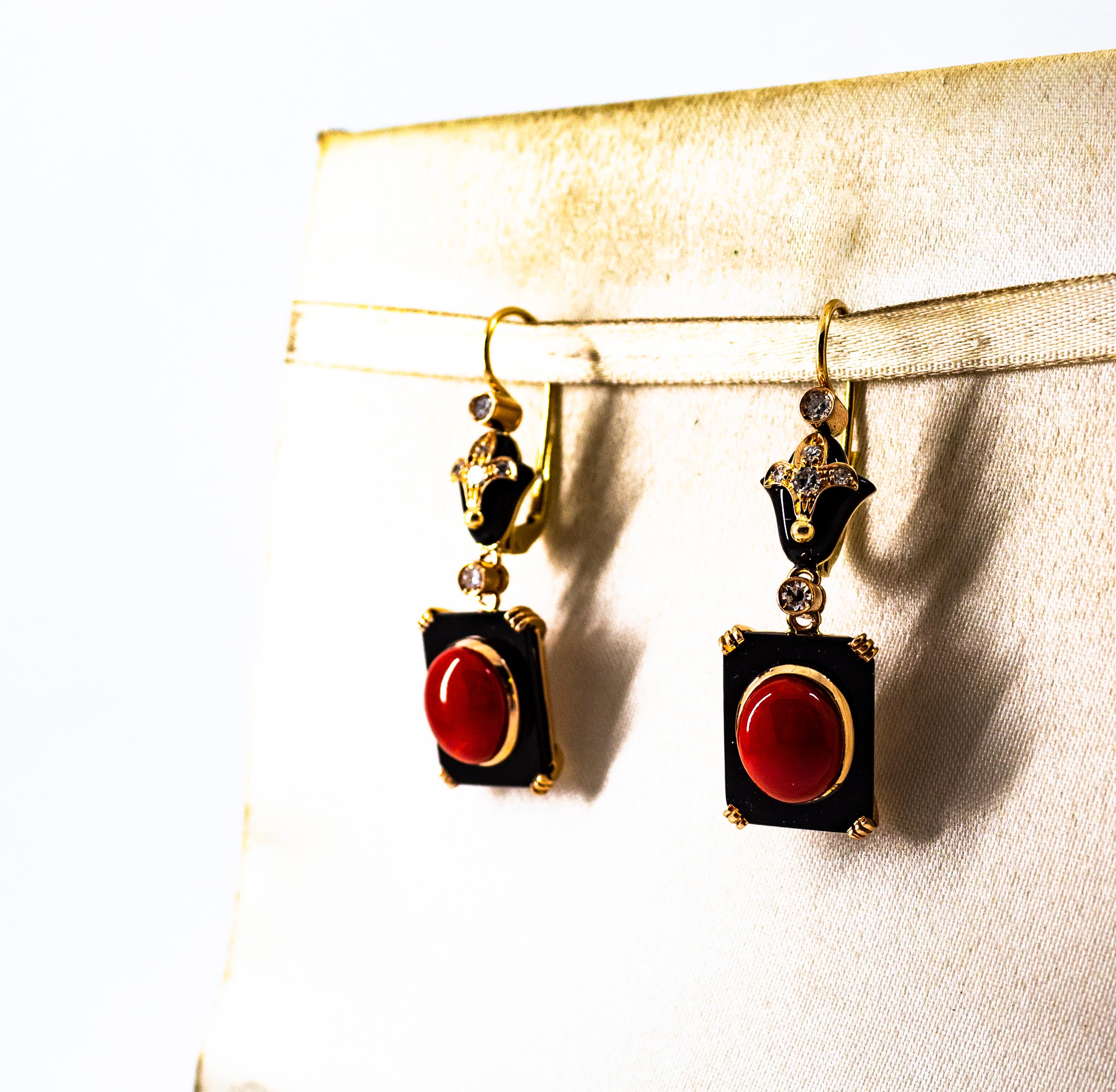 Art Deco White Diamond Mediterranean Red Coral Onyx Yellow Gold Drop Earrings For Sale 2