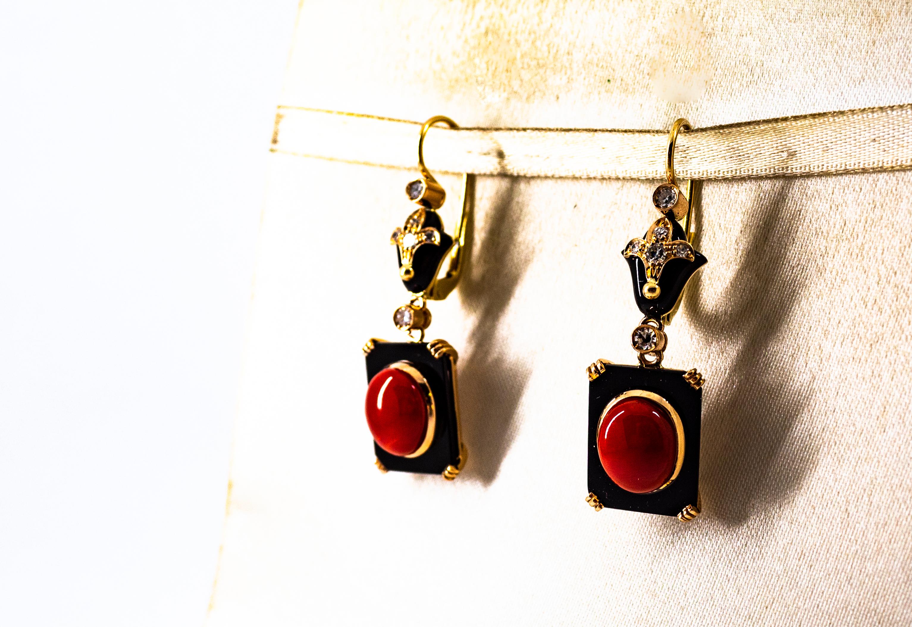 Art Deco White Diamond Mediterranean Red Coral Onyx Yellow Gold Drop Earrings For Sale 3