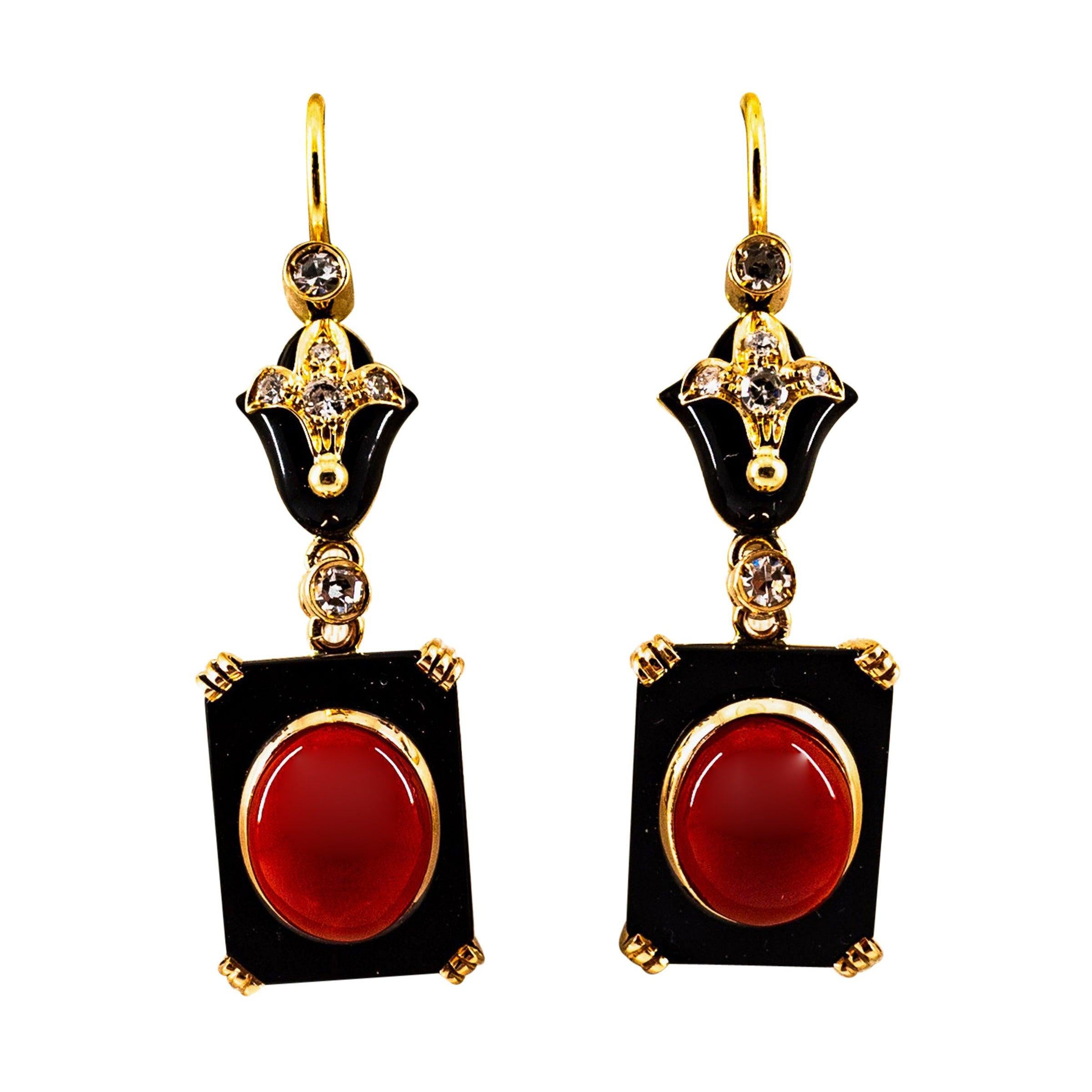 Art Deco White Diamond Mediterranean Red Coral Onyx Yellow Gold Drop Earrings