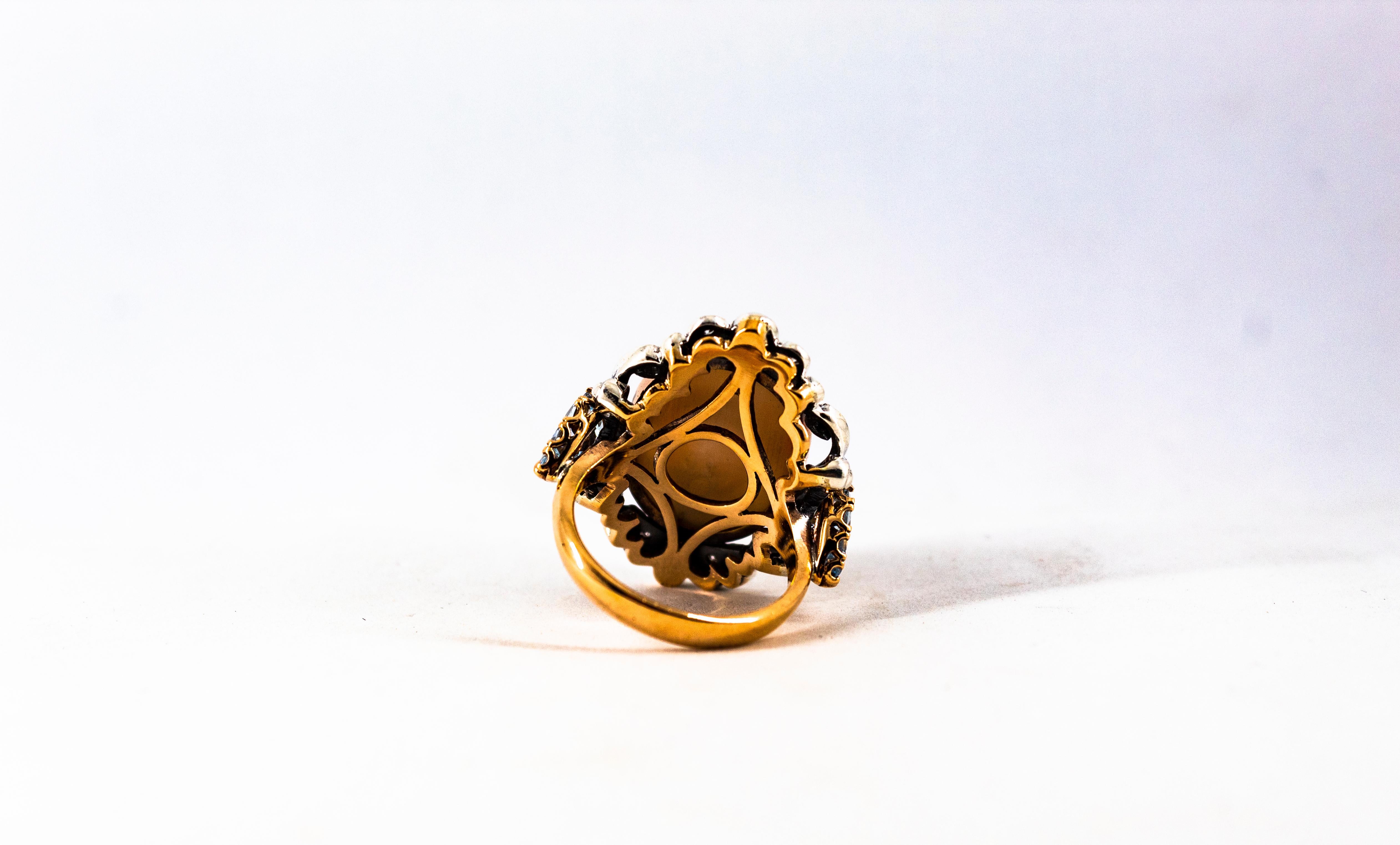 Bague cocktail de style Art déco en or jaune avec diamant blanc, corail rose, aigue-marine 6