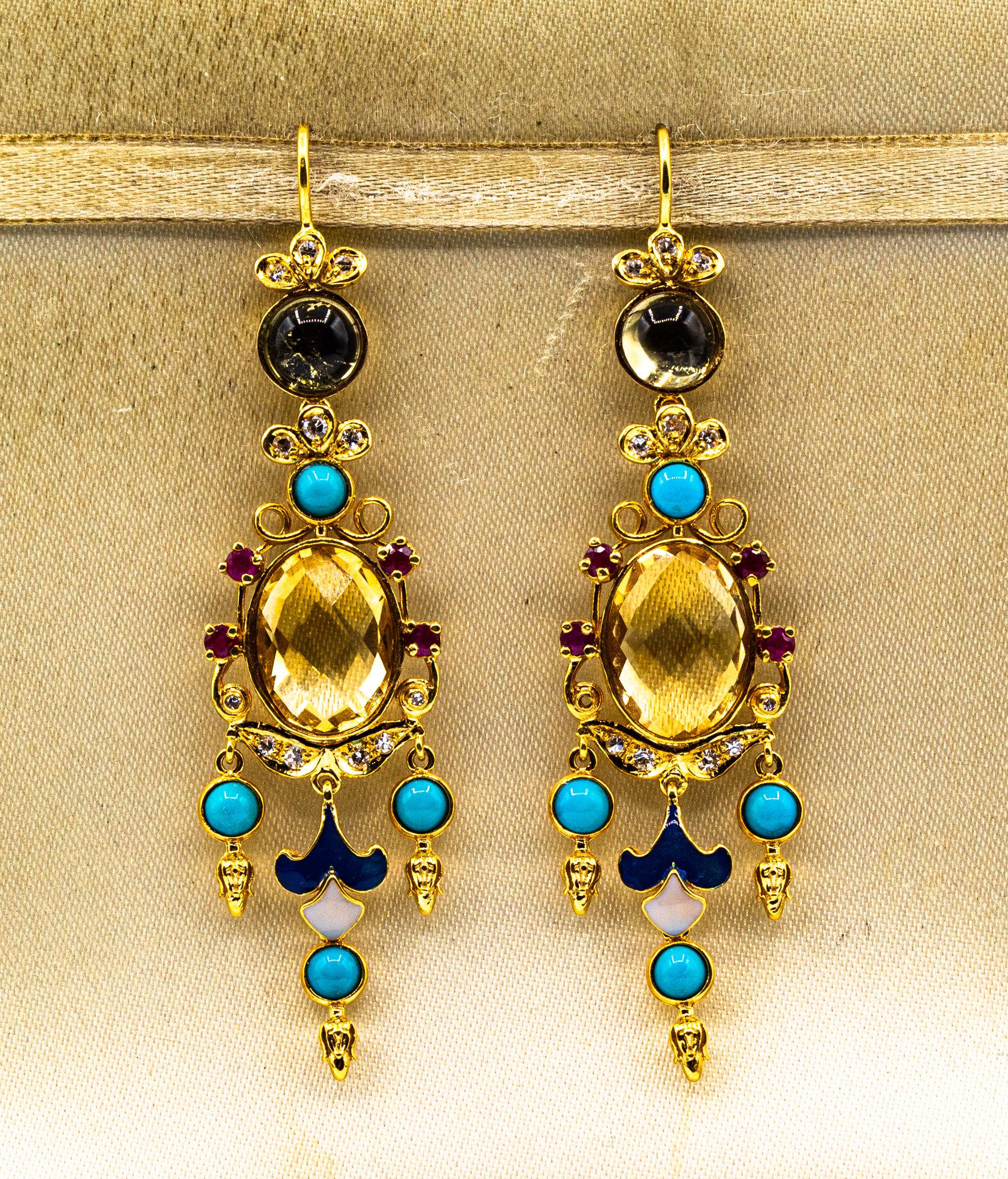 Art Déco Boucles d'oreilles or jaune diamant blanc rubis citrine turquoise tourmaline en vente 4
