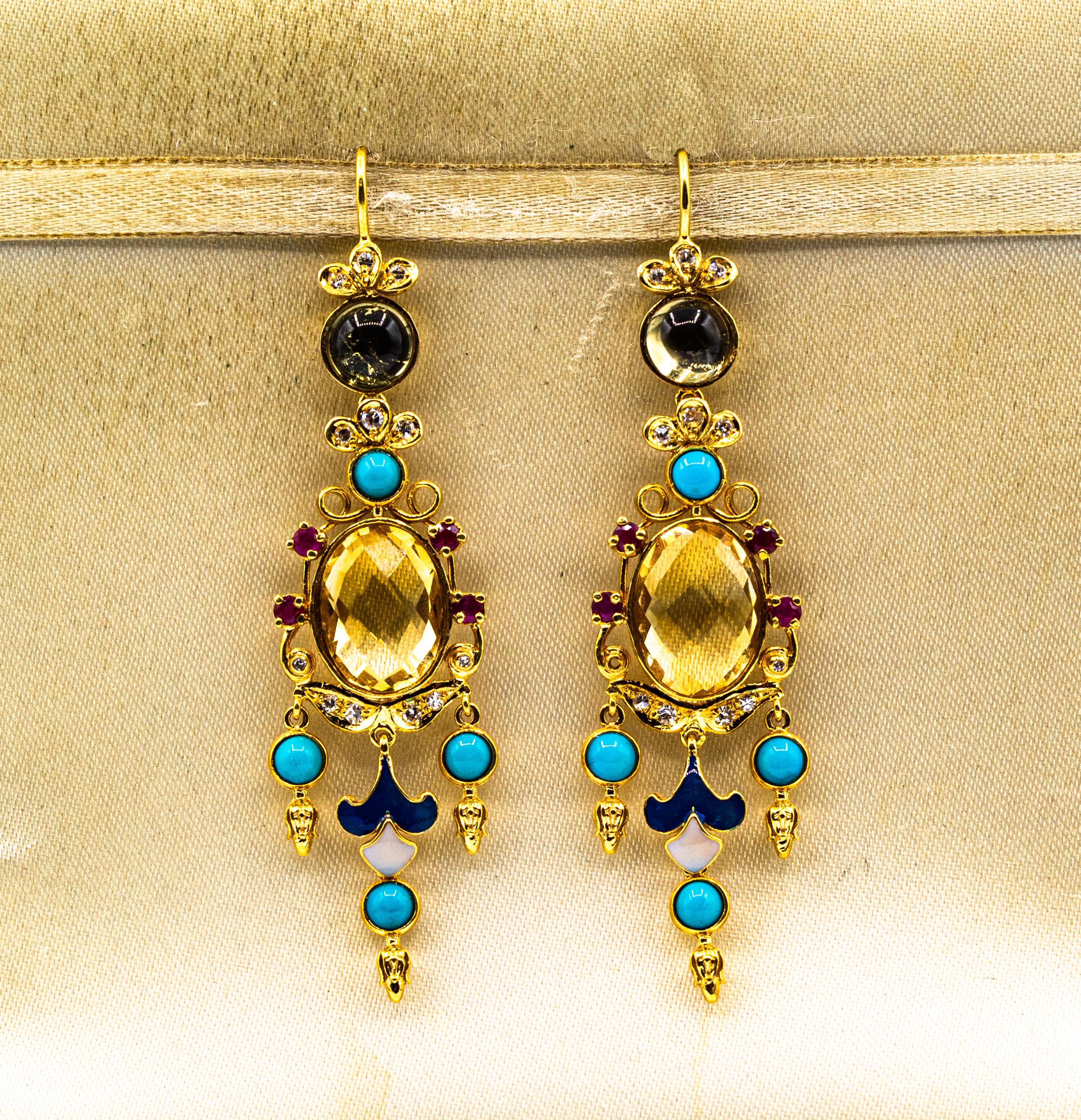 Art Déco Boucles d'oreilles or jaune diamant blanc rubis citrine turquoise tourmaline en vente 5
