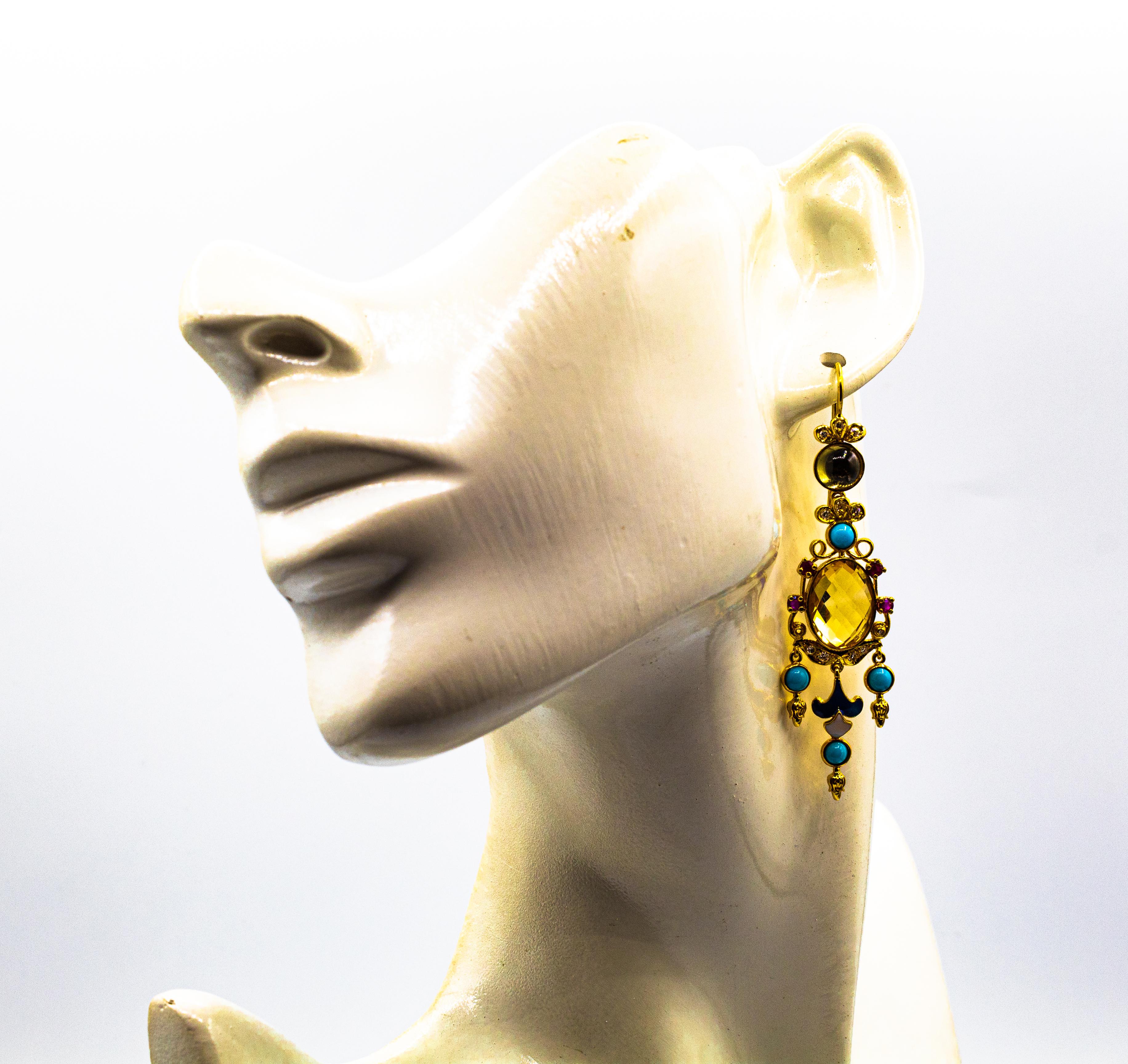Art Déco Boucles d'oreilles or jaune diamant blanc rubis citrine turquoise tourmaline en vente 6