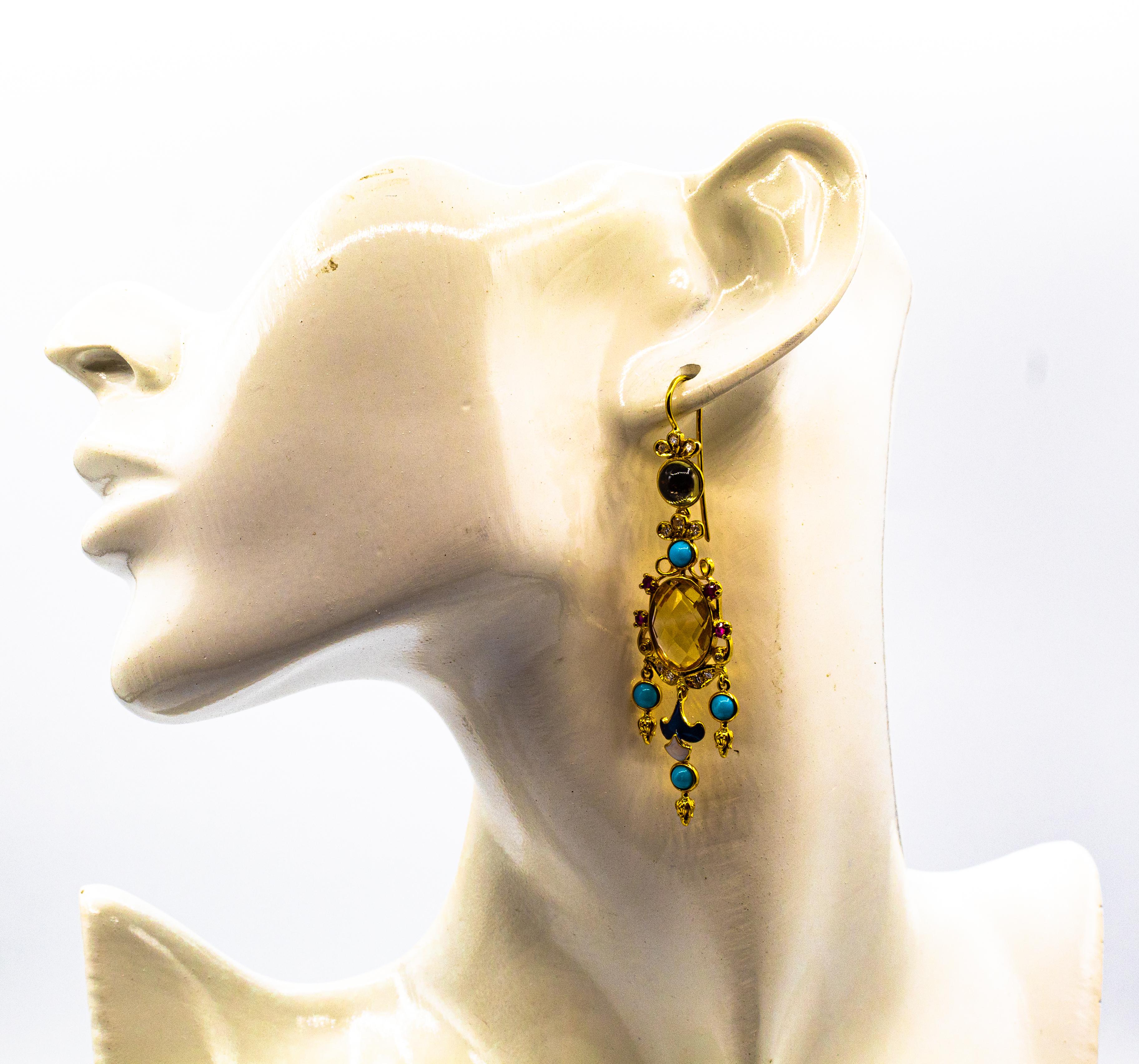 Art Déco Boucles d'oreilles or jaune diamant blanc rubis citrine turquoise tourmaline en vente 7