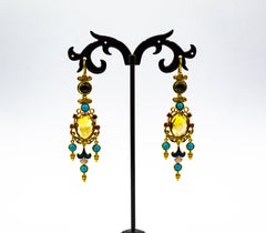 Art Déco Boucles d'oreilles or jaune diamant blanc rubis citrine turquoise tourmaline