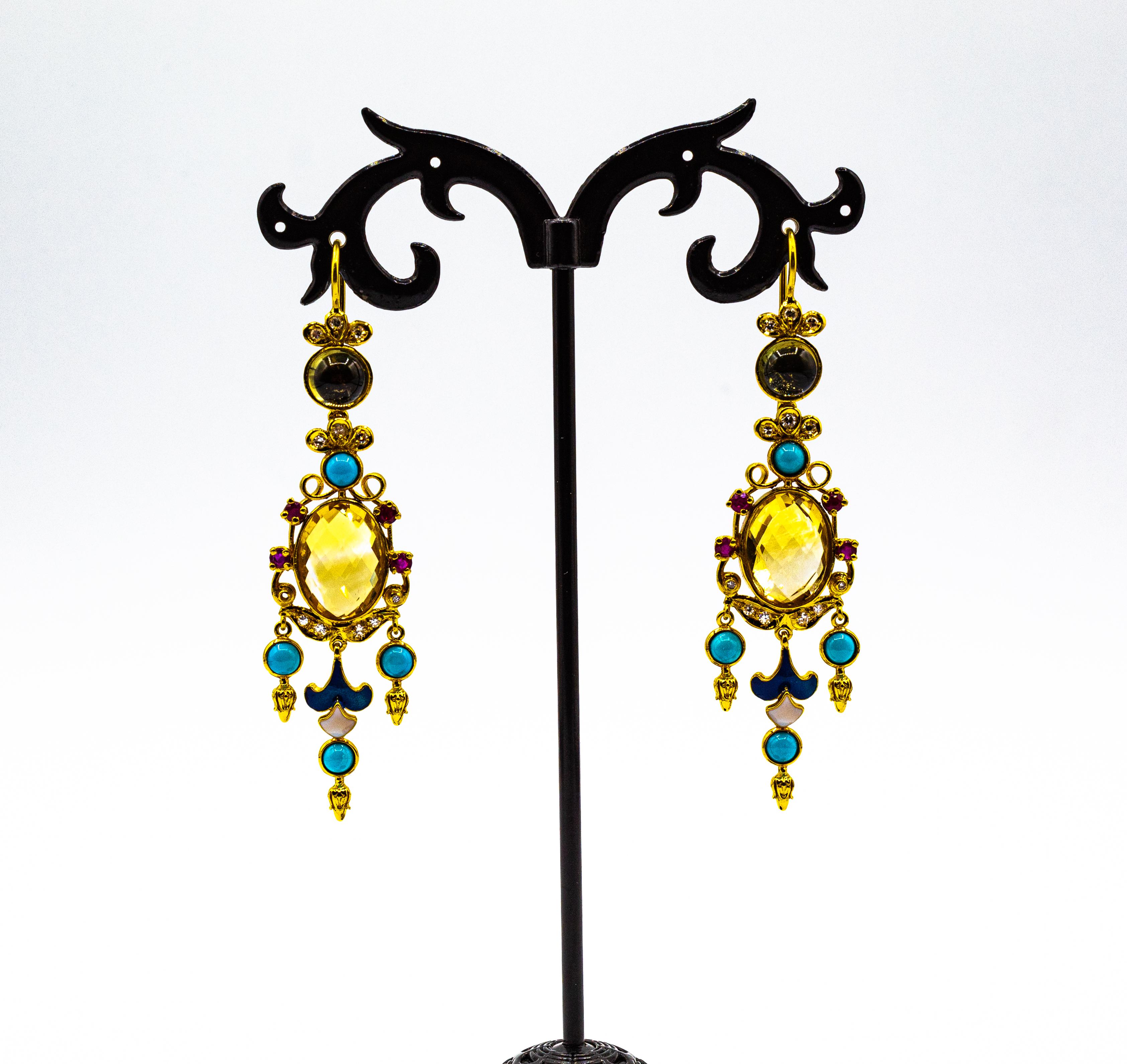 Round Cut Art Deco White Diamond Ruby Citrine Turquoise Tourmaline Yellow Gold Earrings For Sale
