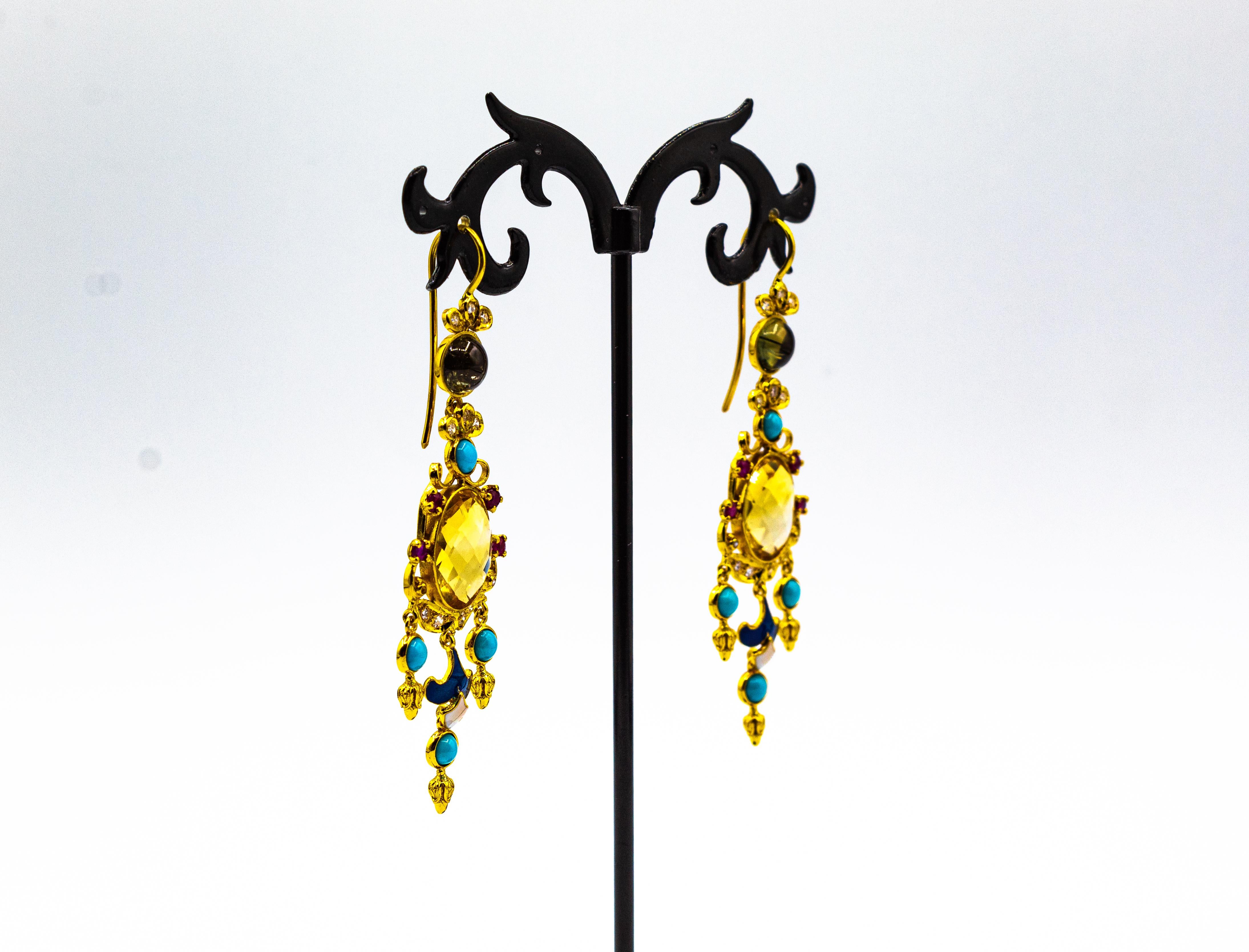 Art Deco White Diamond Ruby Citrine Turquoise Tourmaline Yellow Gold Earrings In New Condition For Sale In Naples, IT