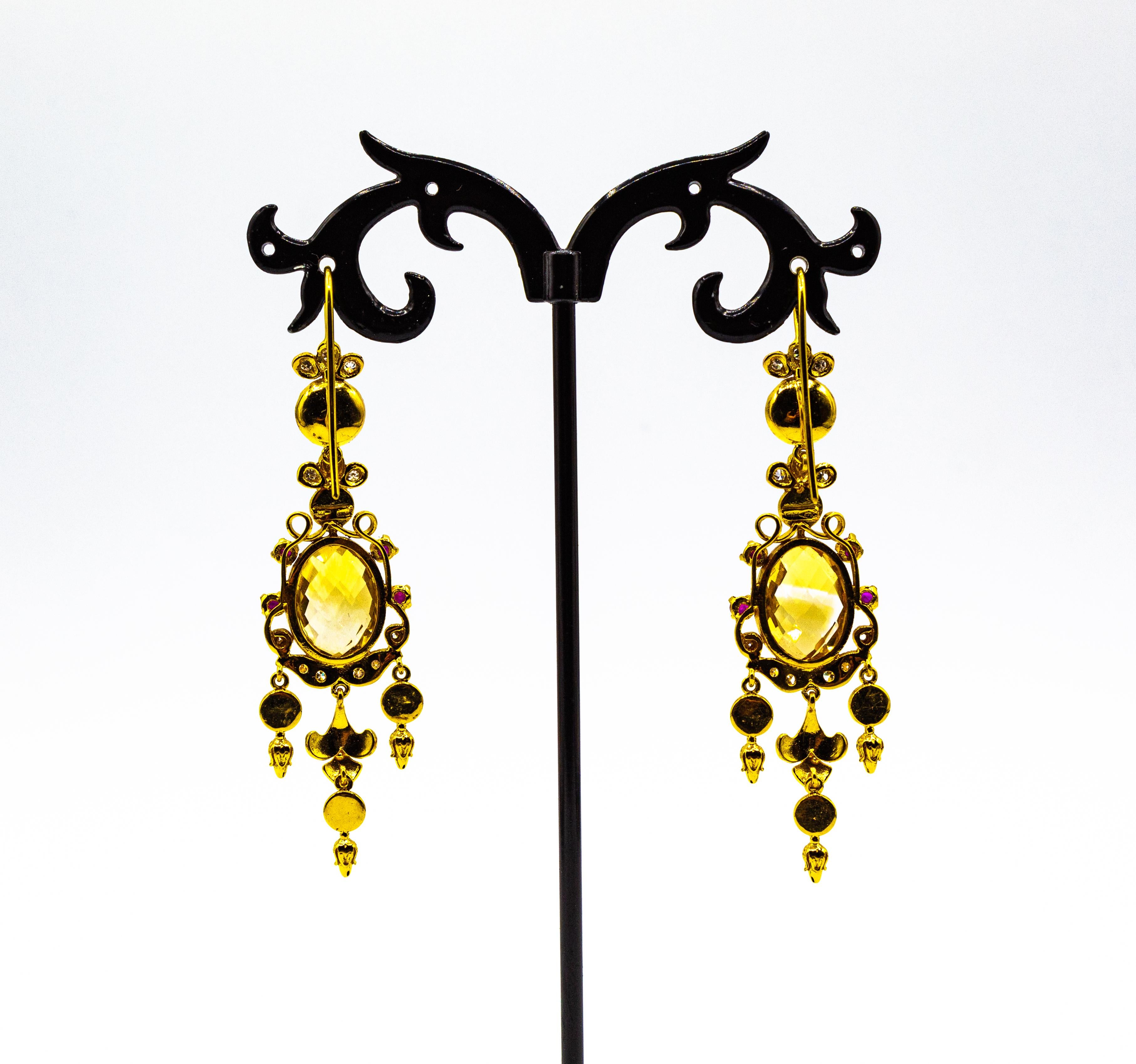 Women's or Men's Art Deco White Diamond Ruby Citrine Turquoise Tourmaline Yellow Gold Earrings For Sale