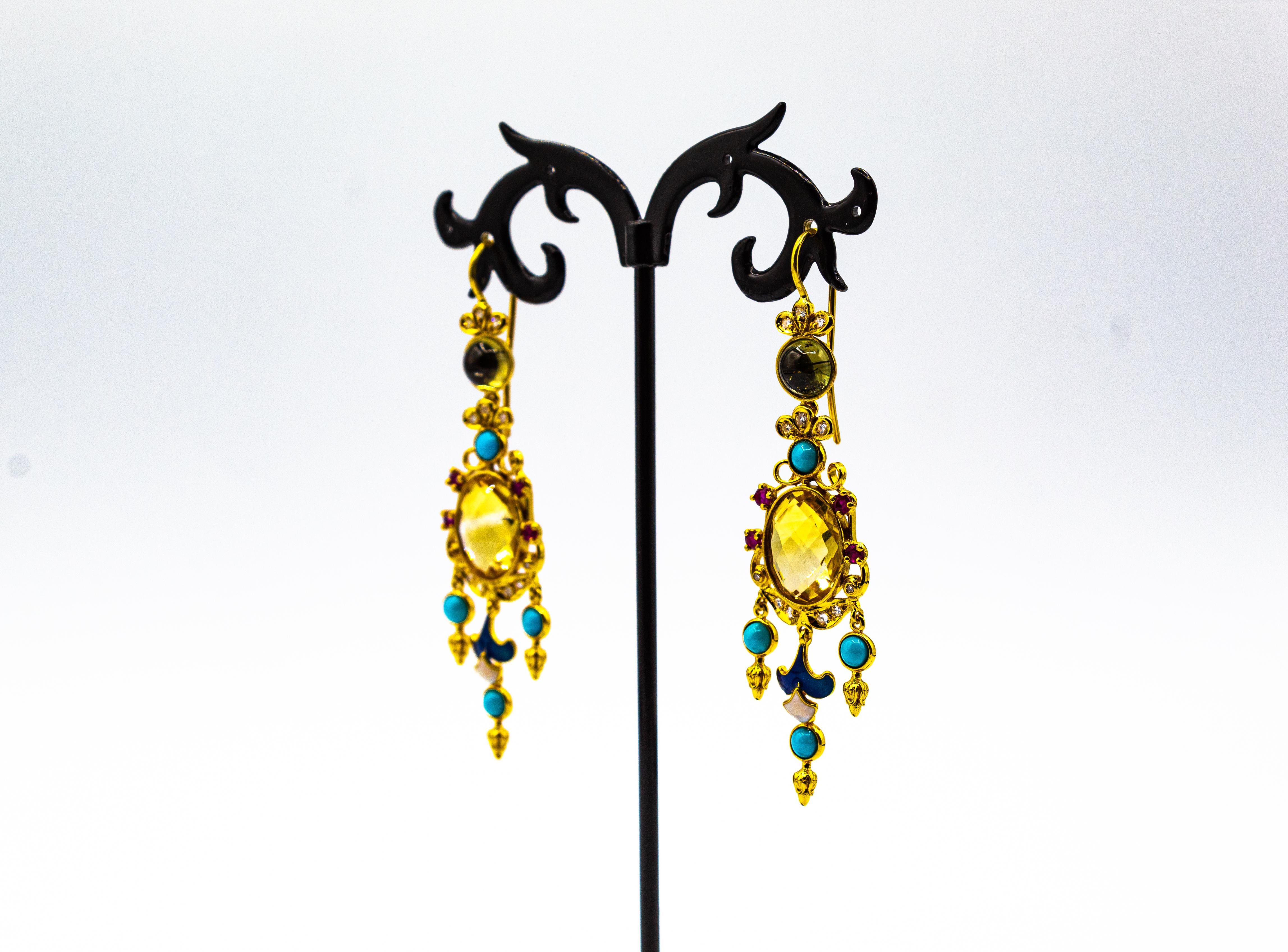 Art Deco White Diamond Ruby Citrine Turquoise Tourmaline Yellow Gold Earrings For Sale 1