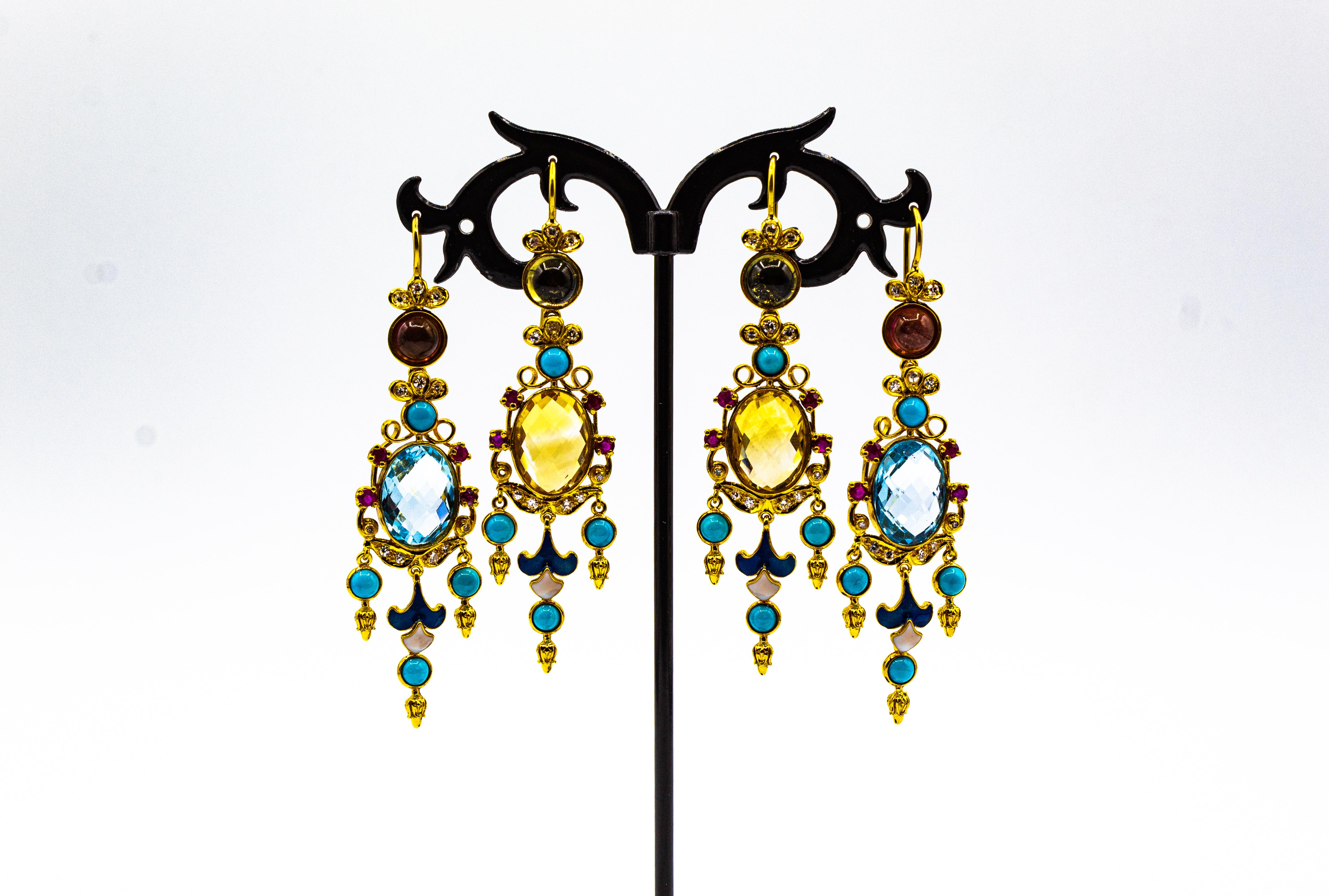 Art Déco Boucles d'oreilles or jaune diamant blanc rubis citrine turquoise tourmaline en vente 1