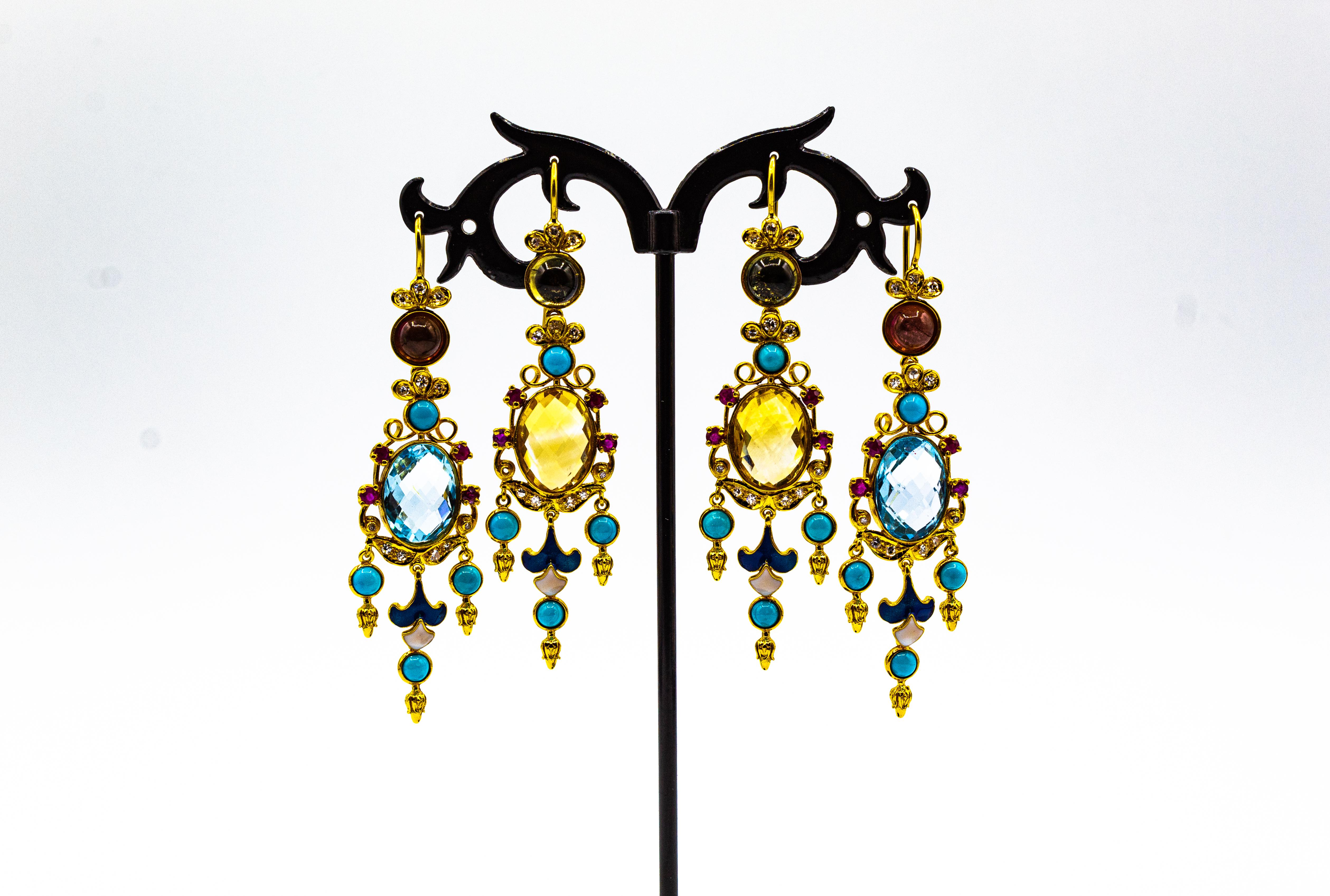 Art Déco Boucles d'oreilles or jaune diamant blanc rubis citrine turquoise tourmaline en vente 2