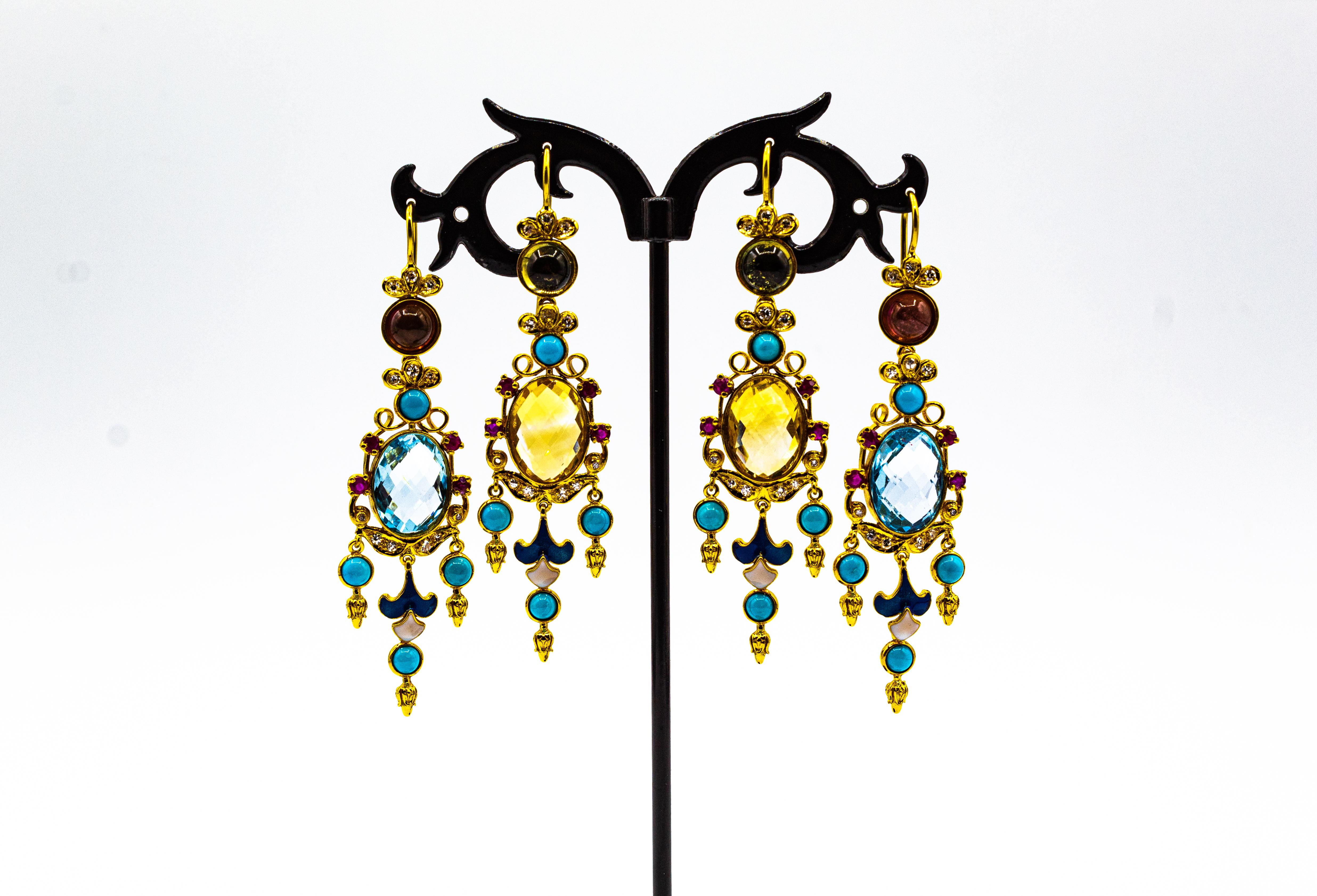 Art Deco White Diamond Ruby Citrine Turquoise Tourmaline Yellow Gold Earrings For Sale 4