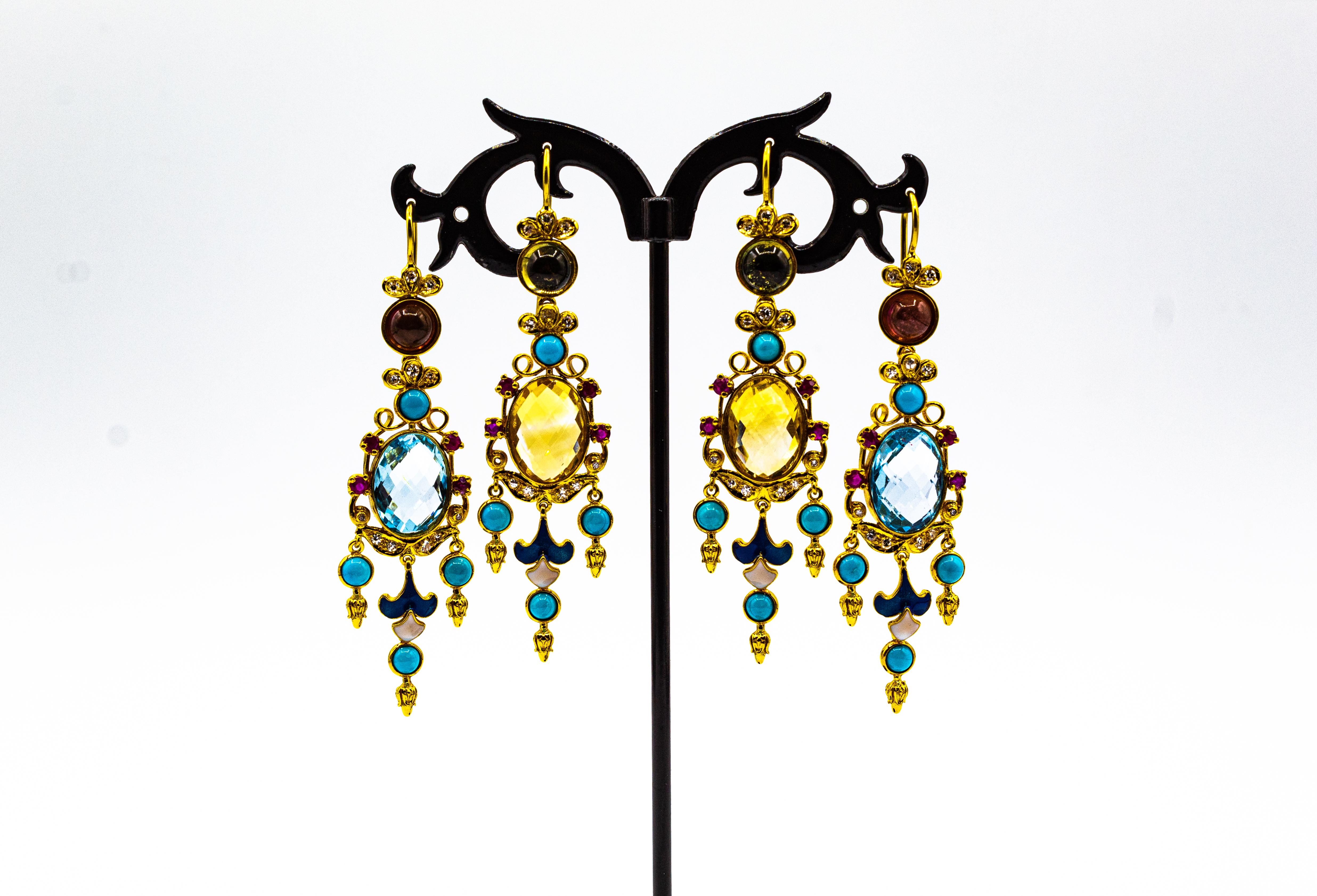 Art Déco Boucles d'oreilles or jaune diamant blanc rubis citrine turquoise tourmaline en vente 3
