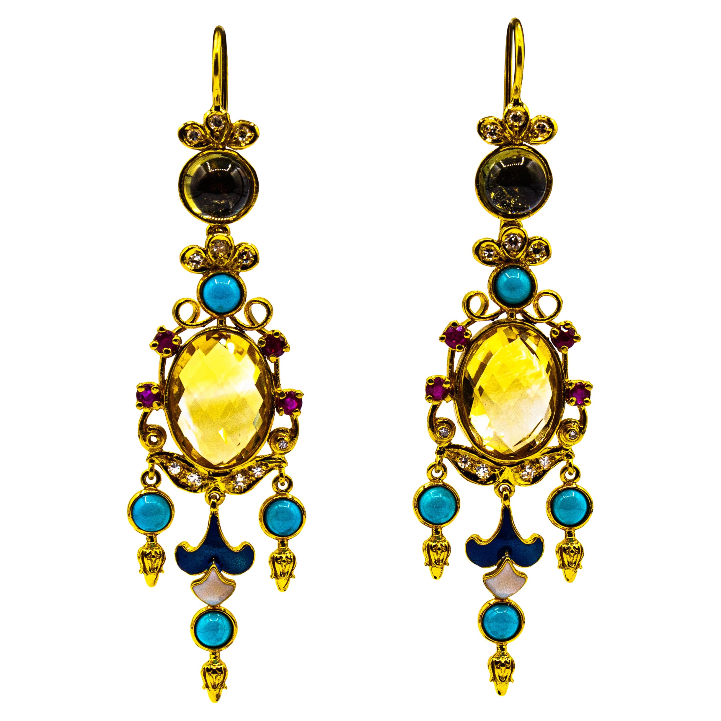 Orecchini Art Deco in oro giallo con diamante bianco, rubino, citrino, turchese e tormalina in vendita