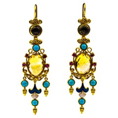 Orecchini Art Deco in oro giallo con diamante bianco, rubino, citrino, turchese e tormalina