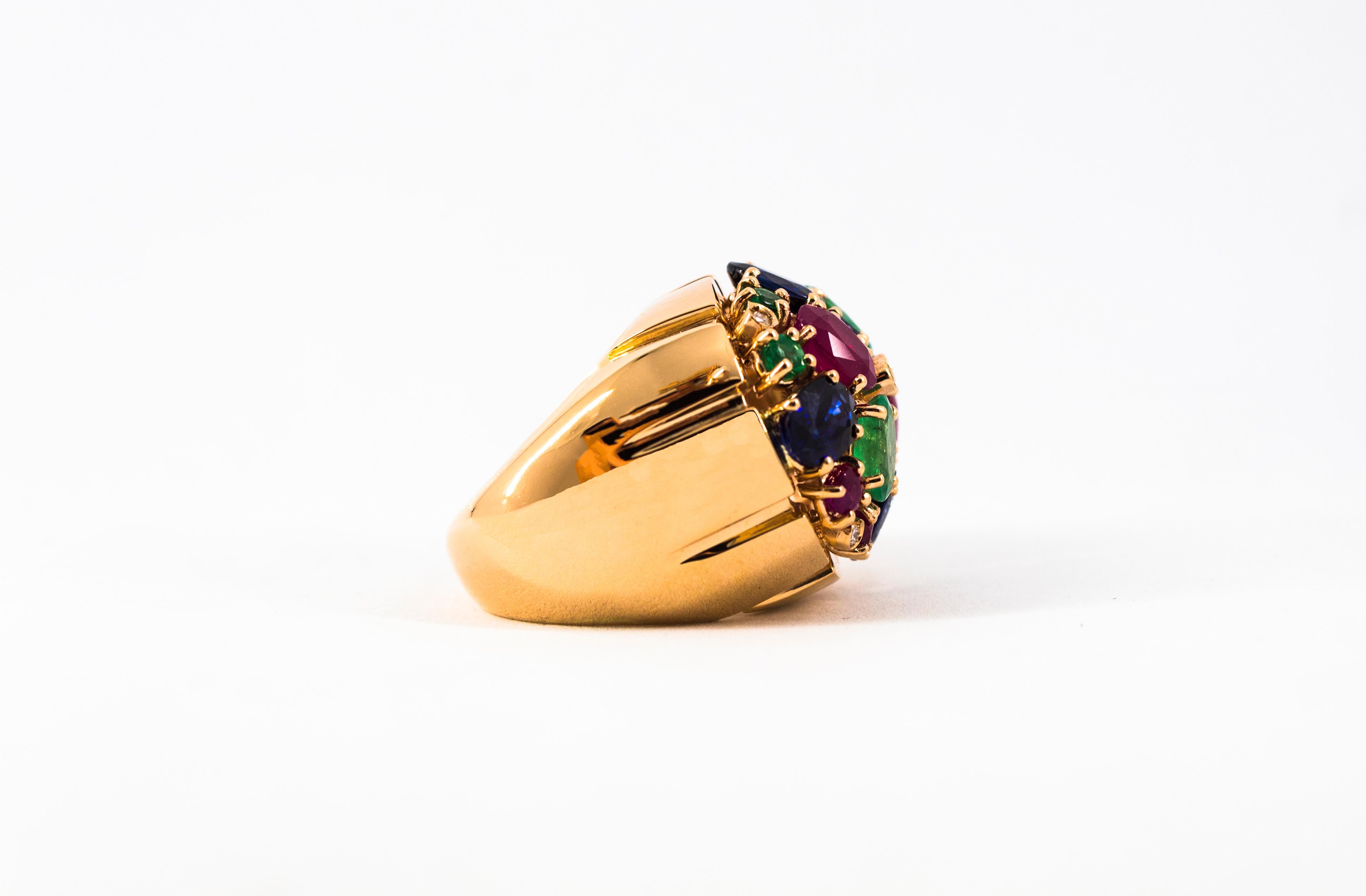 Art Deco White Diamond Ruby Emerald Blue Sapphire Yellow Gold Cocktail Ring For Sale 12