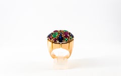 Art Deco White Diamond Ruby Emerald Blue Sapphire Yellow Gold Cocktail Ring