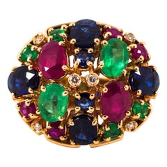 Art Deco White Diamond Ruby Emerald Blue Sapphire Yellow Gold Cocktail Ring
