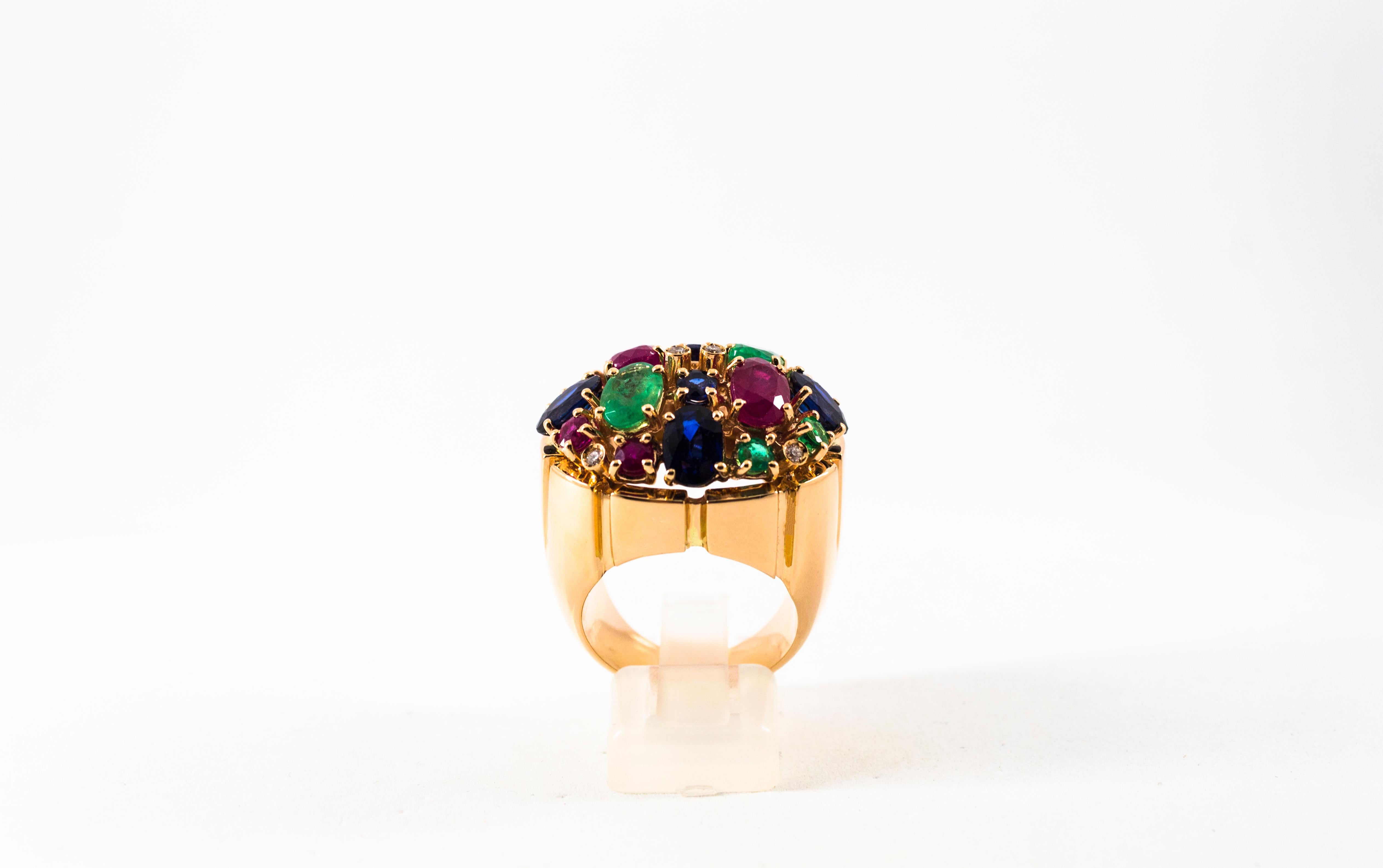 Brilliant Cut Art Deco White Diamond Ruby Emerald Blue Sapphire Yellow Gold Cocktail Ring