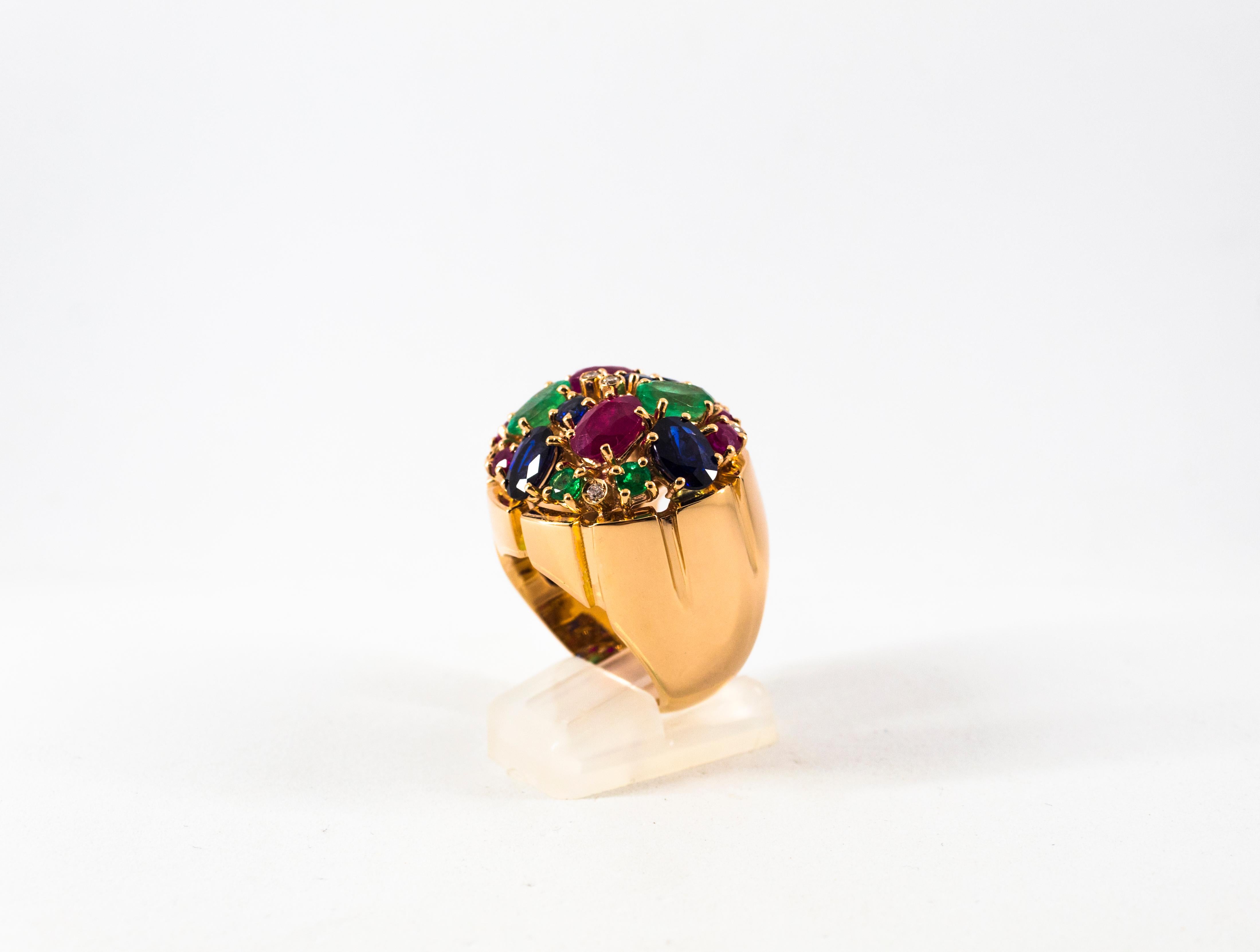 Art Deco White Diamond Ruby Emerald Blue Sapphire Yellow Gold Cocktail Ring In New Condition In Naples, IT