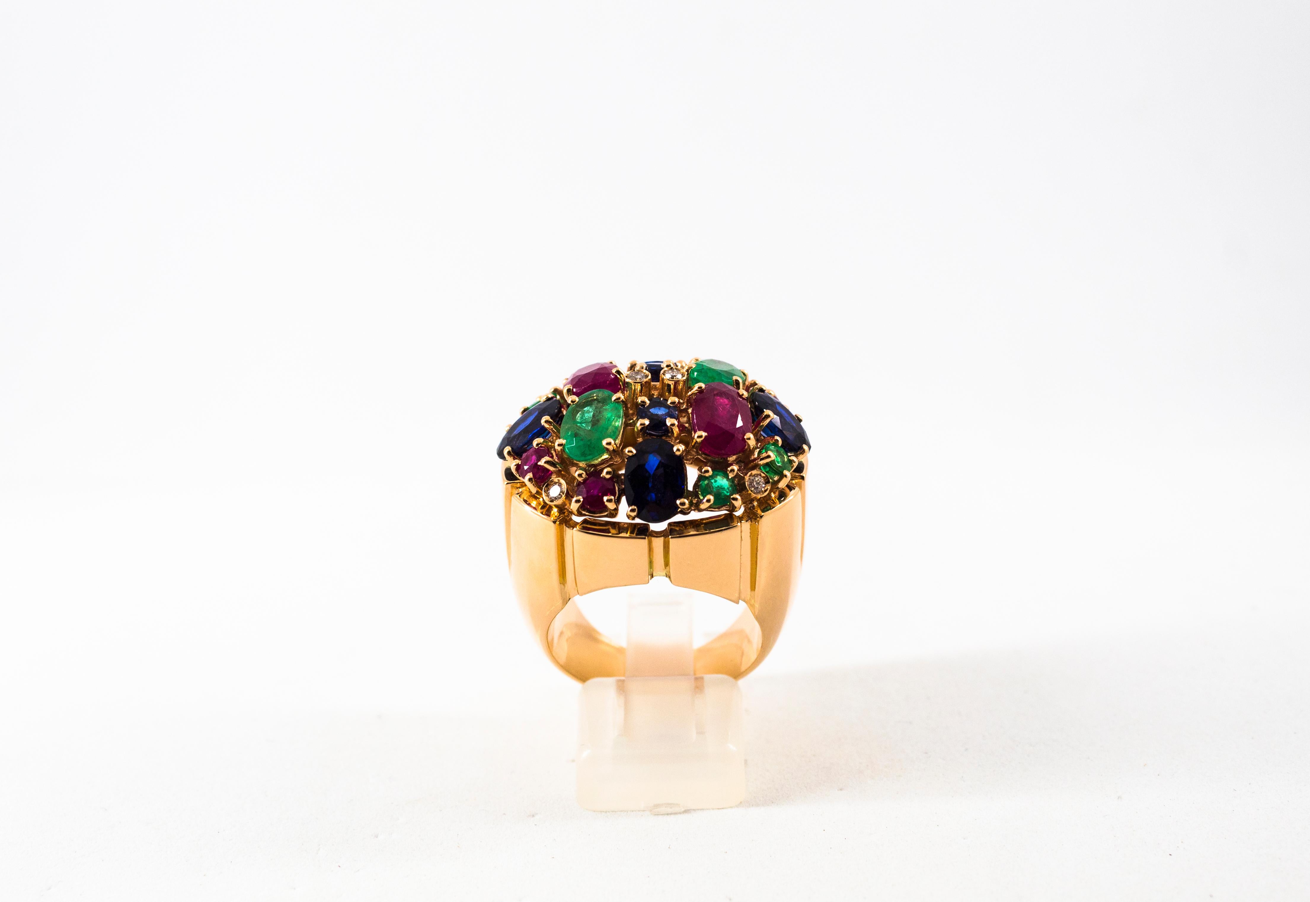Art Deco White Diamond Ruby Emerald Blue Sapphire Yellow Gold Cocktail Ring In New Condition In Naples, IT