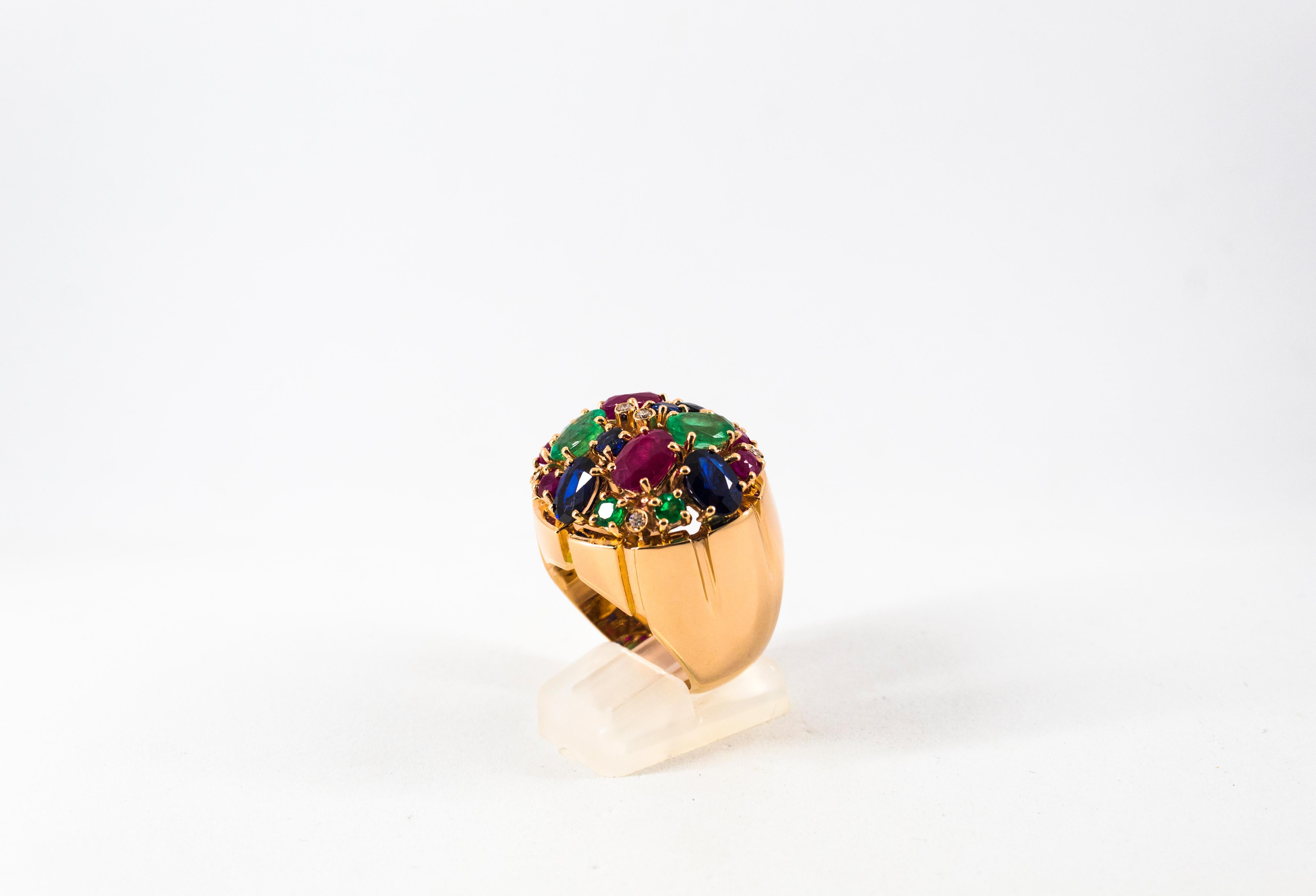 Women's or Men's Art Deco White Diamond Ruby Emerald Blue Sapphire Yellow Gold Cocktail Ring