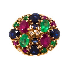 Art Deco White Diamond Ruby Emerald Blue Sapphire Yellow Gold Cocktail Ring