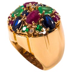 Art Deco White Diamond Ruby Emerald Blue Sapphire Yellow Gold Cocktail Ring
